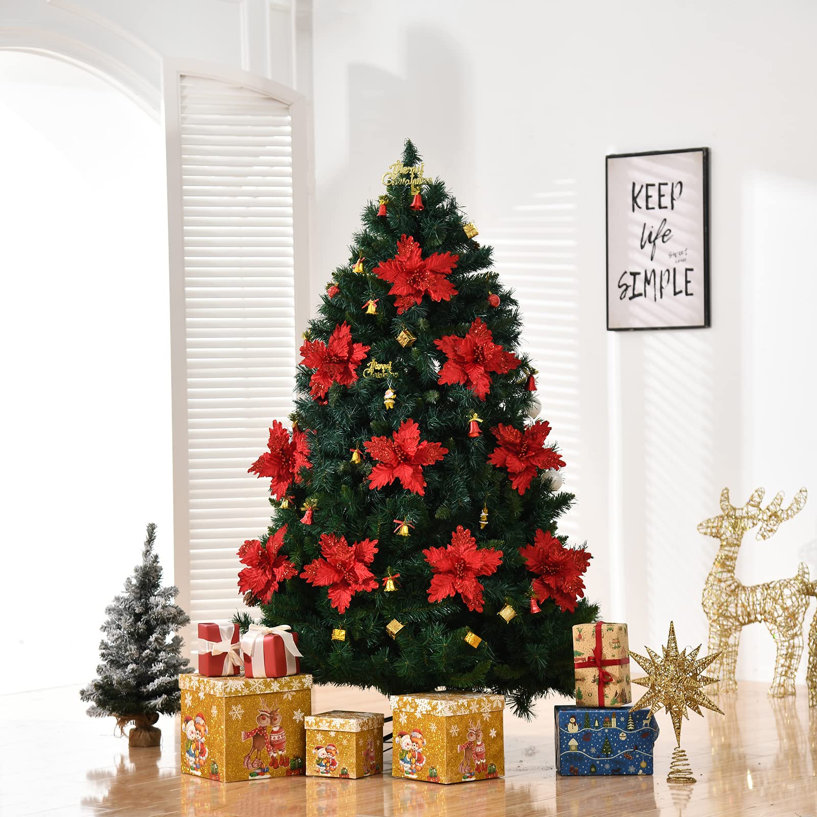 FuleHouzz 10pcs Glitter Decorated Large Poinsettias Decorative Christmas Flower Stems for Christmas Tree Wreaths Wedding Decor,