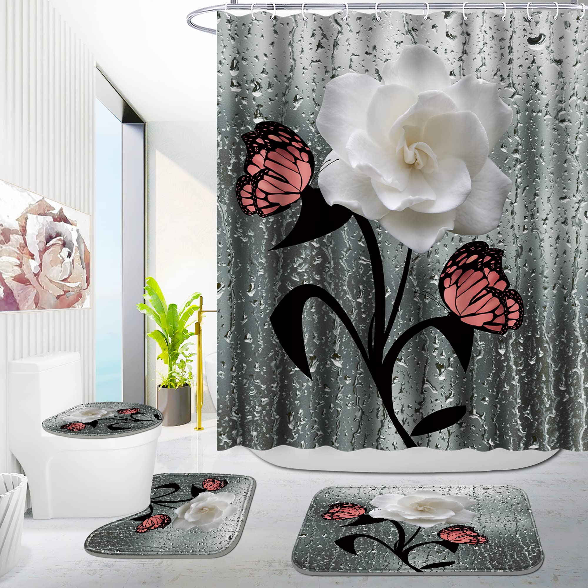 Poedist 4 Pcs Shower Curtain Set, White Gardenia Bathroom Set, Floral Shower Curtain Sets With Rugs(Bath Mat,U Shape And Toilet