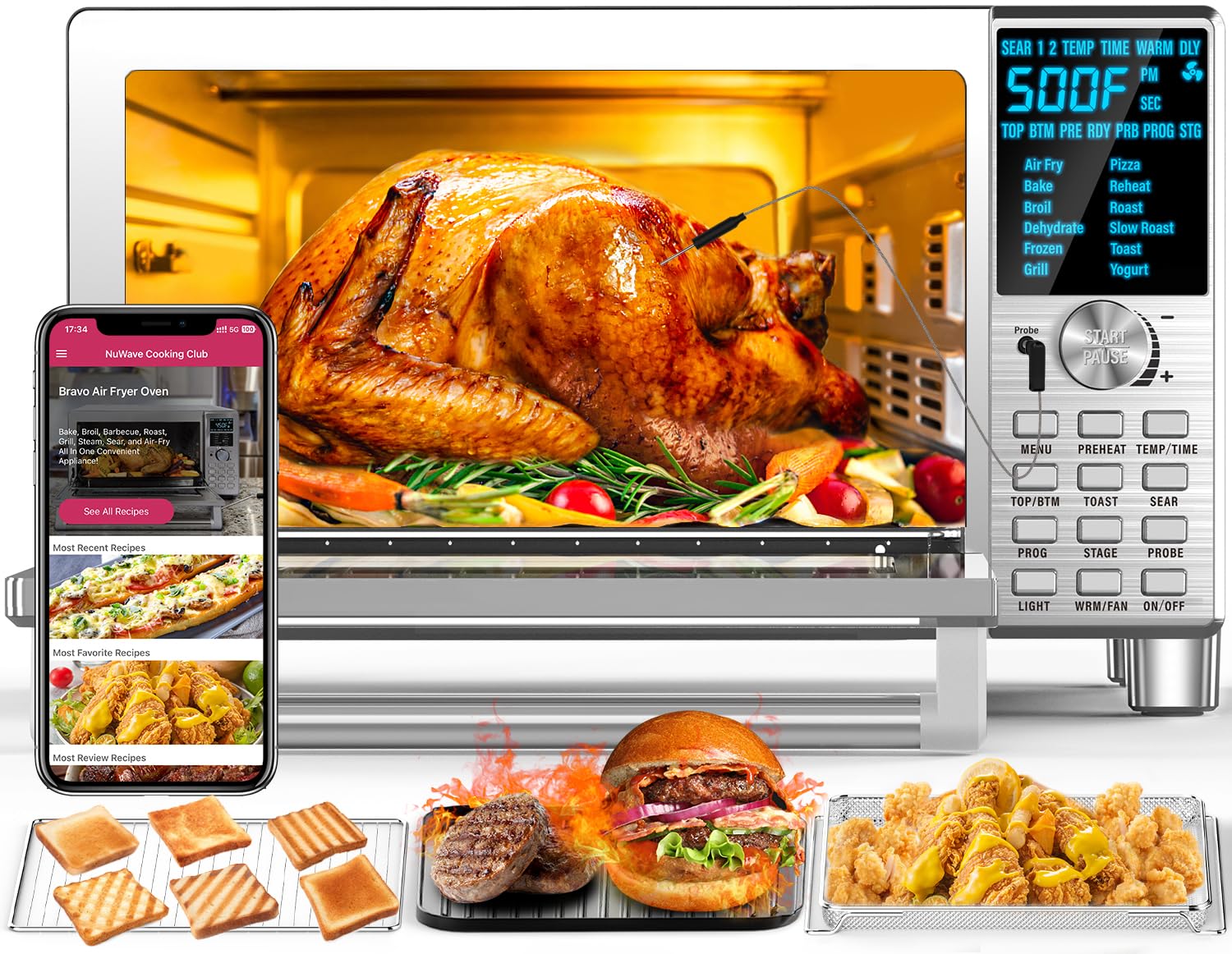 Nuwave Bravo XL Air Fryer Toaster Smart Oven, 12in1 Countertop Grill/Griddle Combo, 30Qt XL Capacity, 50F500F adjustable in 