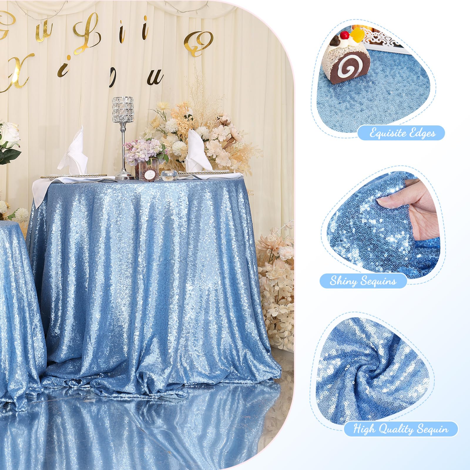 Partydelight Sequin Tablecloth, Christmas Tree Skirt, Sequin Table Overlay Square, 50''X50'', Baby Blue