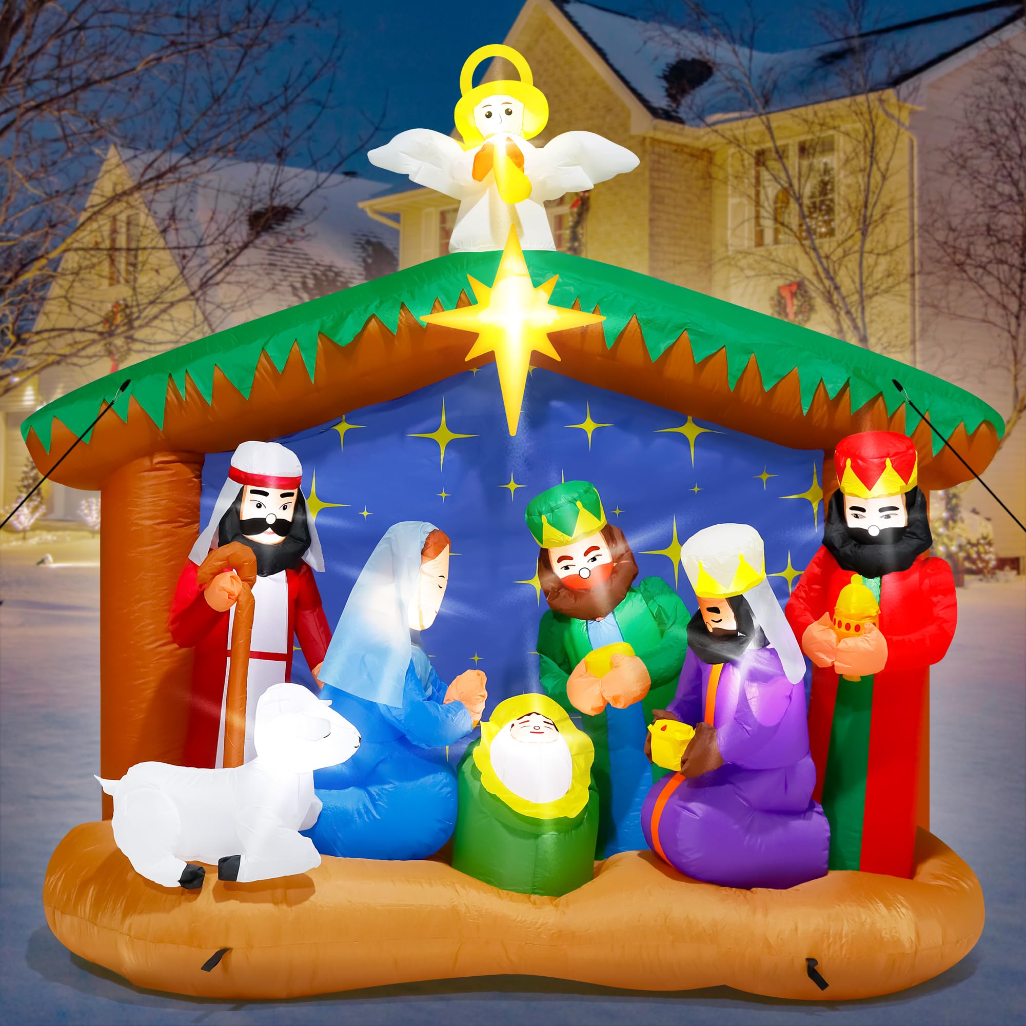 8FT Christmas Inflatables Nativity Scene, Blow Up Christmas Nativity Scene, LED Lighted The Birth of Jesus Scene Inflatables Dec