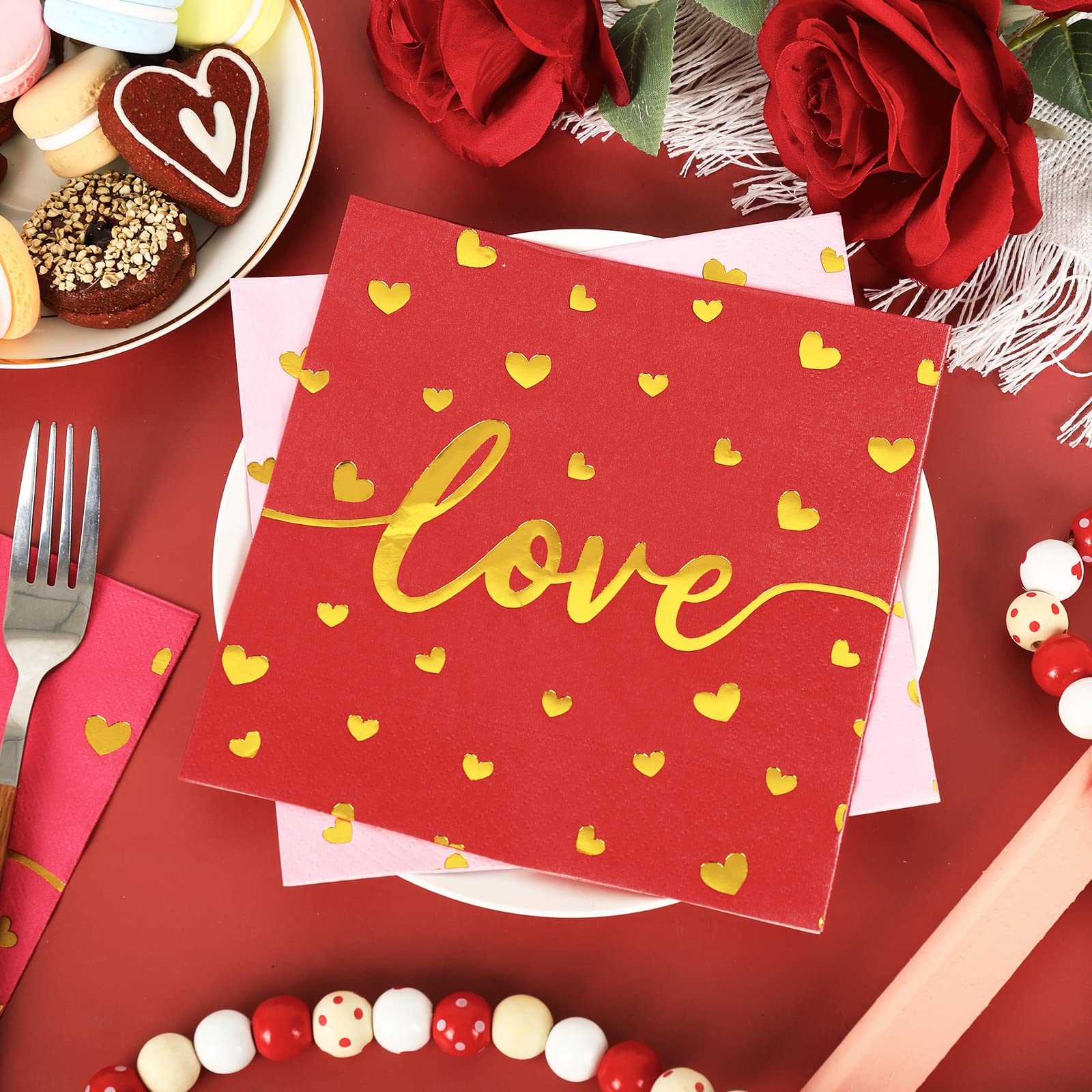 Whaline 75 Pack Valentine'S Day Napkins 6.5 X 6.5 Inch Red Pink Gold Foil Dinner Napkins Love Xoxo Kisses Valentines Disposable