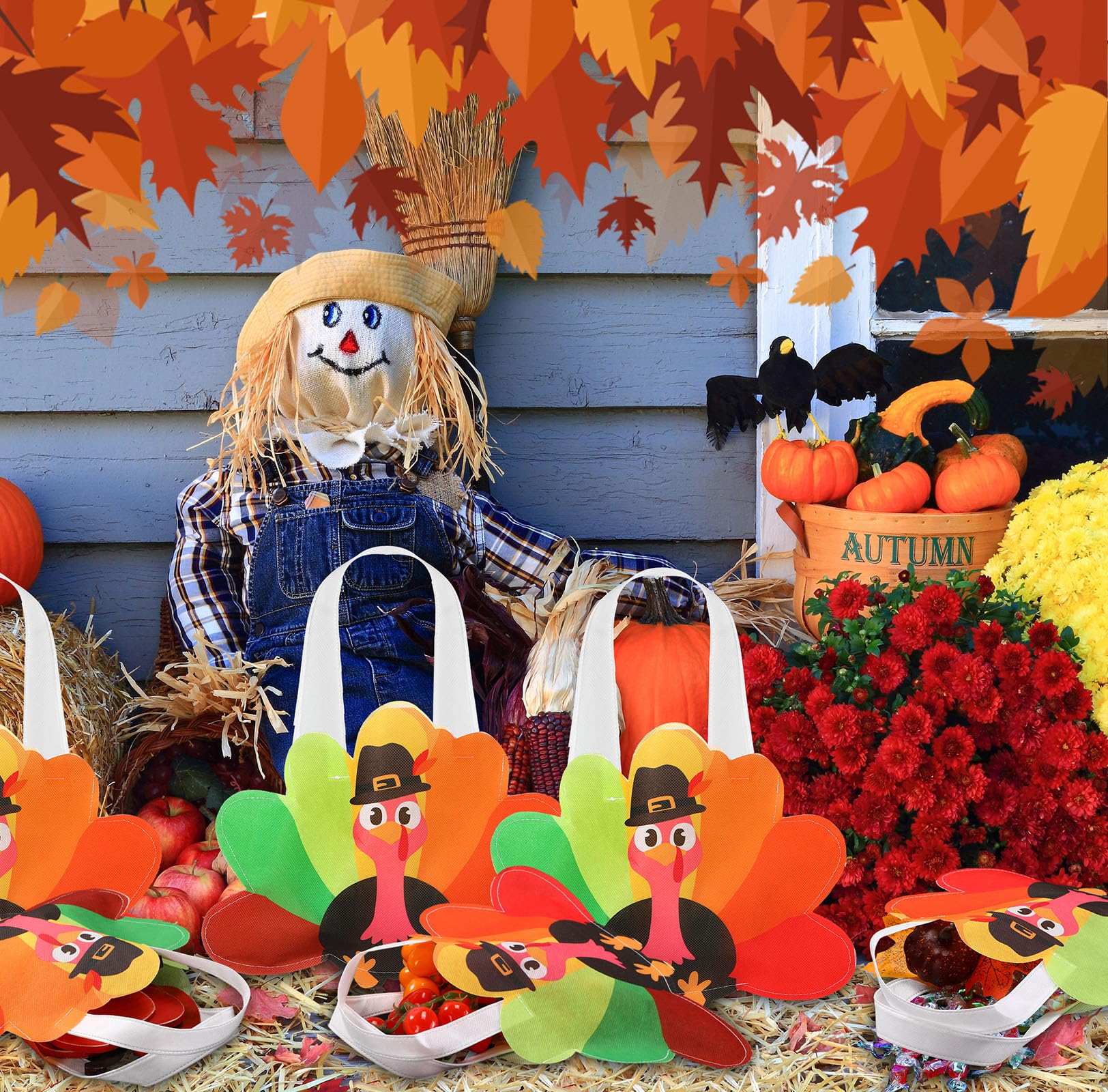 Silkfly 24 Pcs Thanksgiving Turkey Gift Bags Non Woven Reusable Autumn Goodie Candy Tote Bag with Handles Fall Party Favors for