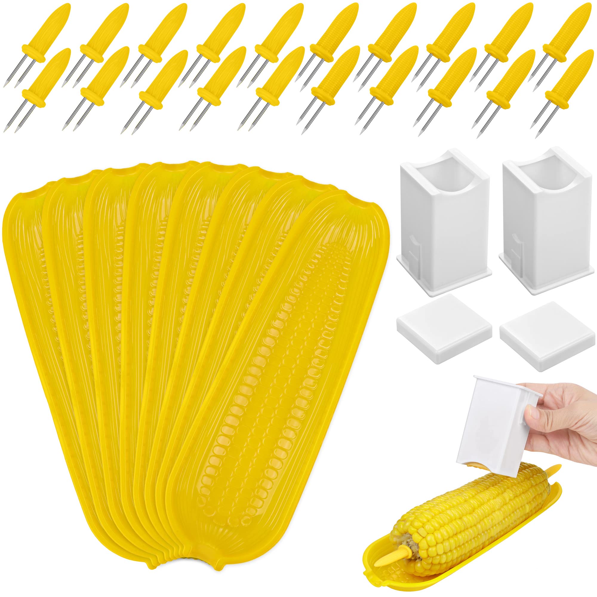 Aodaer 8 Pieces Plastic Corn Trays Corn Cob Holders And Dish Set With 2 Corn Butter Spreaders Corn On The Cob Skewers Service Tr