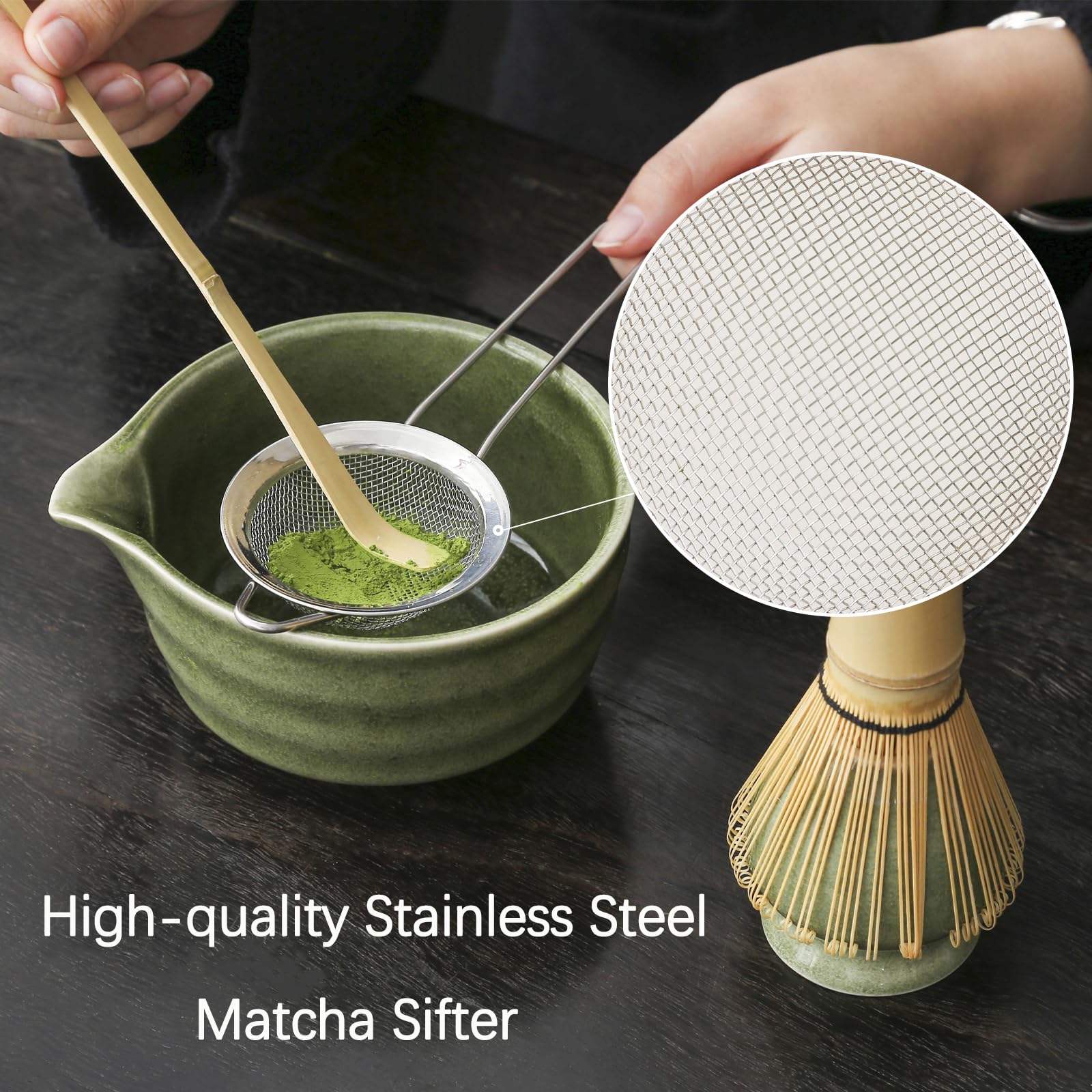 Buucup Matcha Whisk Set, Matcha Bowl With Spout, Matcha Whisk And Holder, Bamboo Matcha Scoop And Stainless Sifter - 5 Pcs Jade