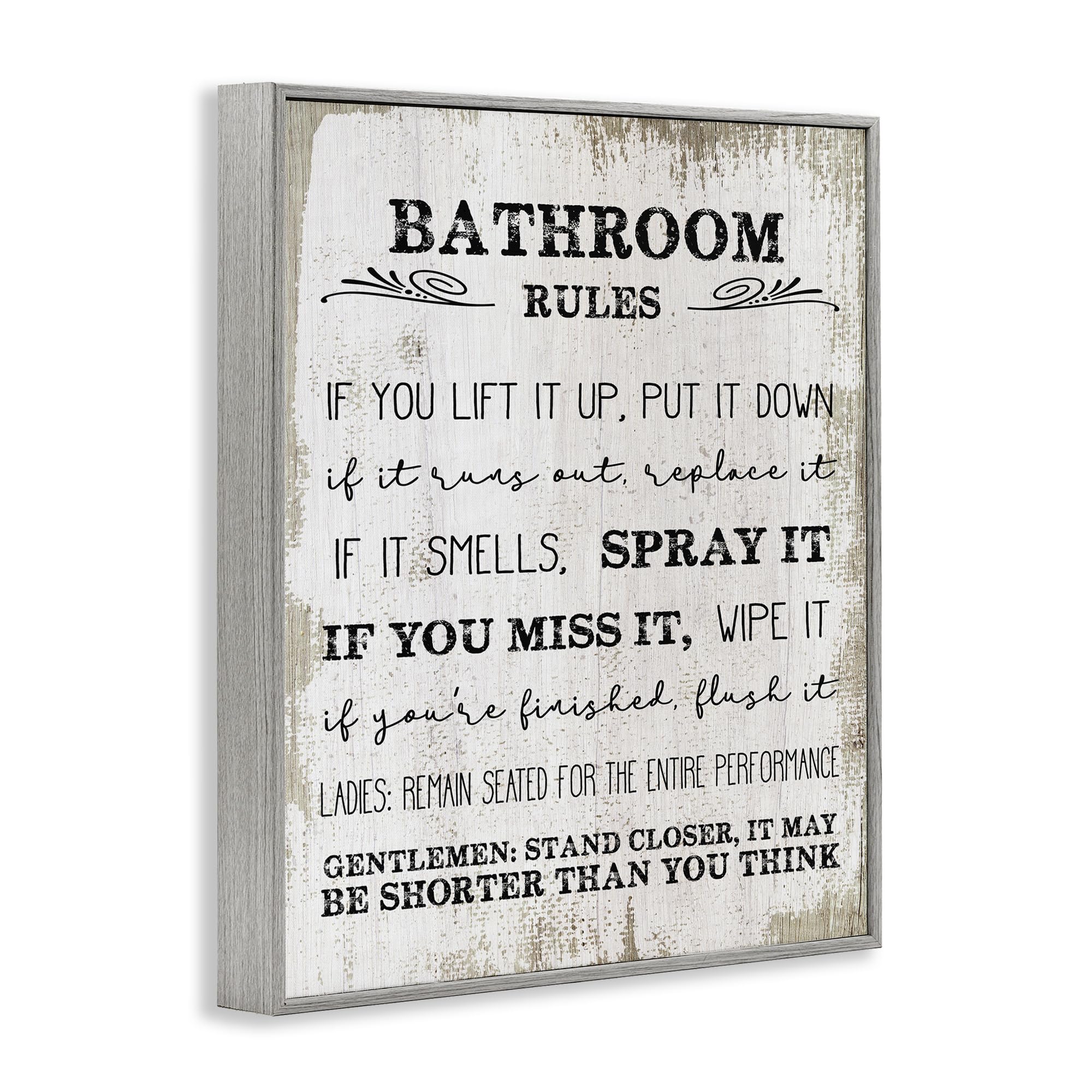 Stupell Industries Bathroom Rules Funny Word Wood Textured Design Gray Framed Wall Art, 11X14, Multicolor