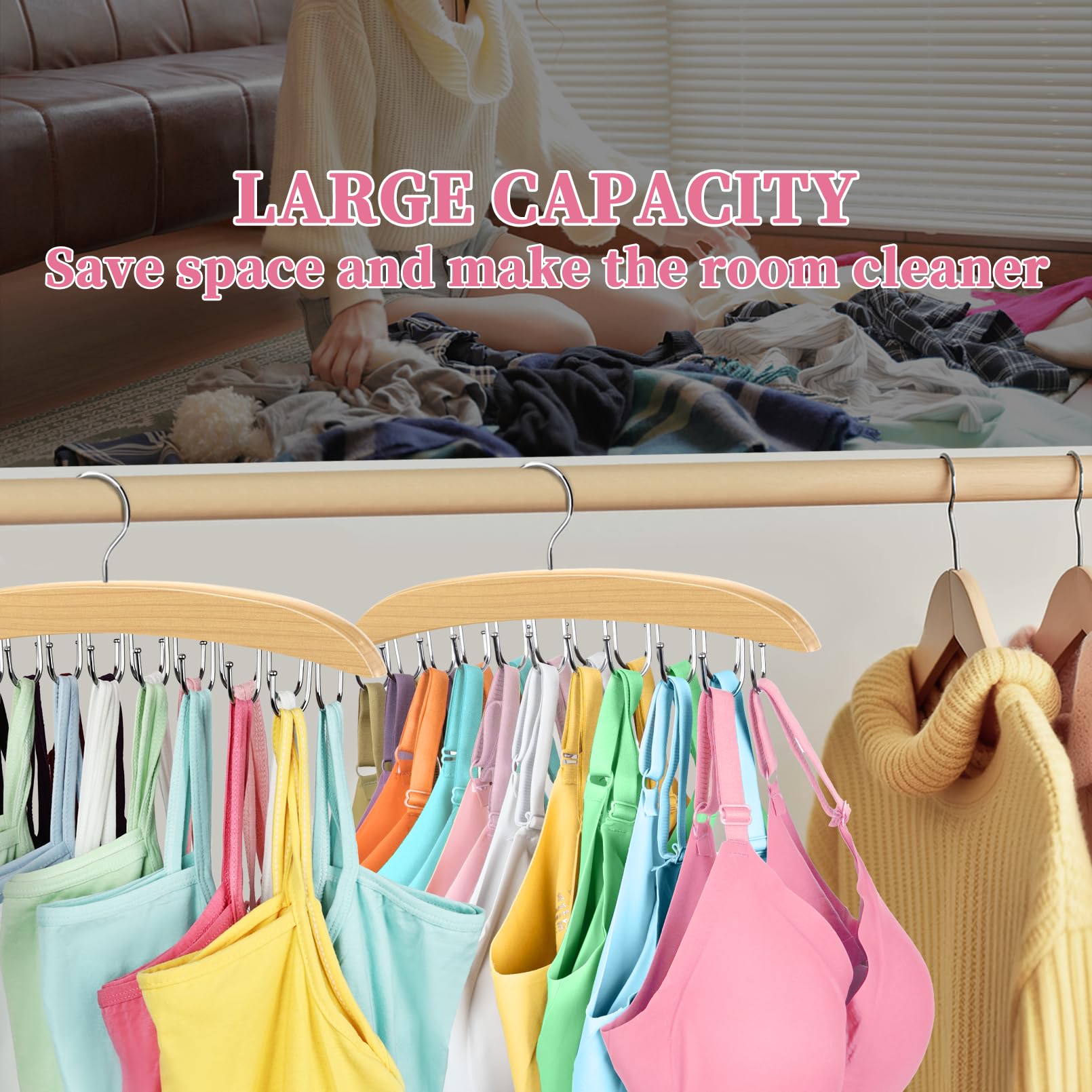 Bra Organizer For Closet, 360 Rotating Bra Hanger Space Saving W/20 Foldable Metal Hooks, Tank Top Hanger Closet Organizers And