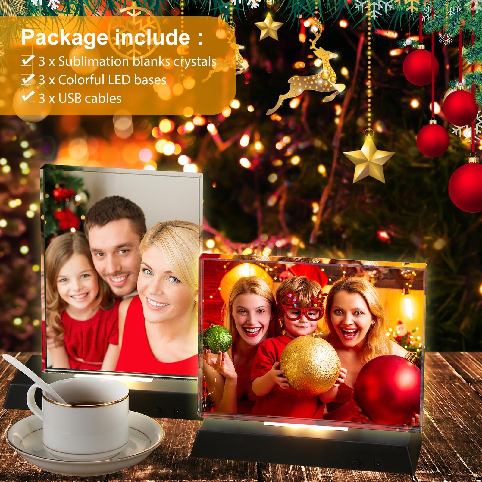 Qunclay 3 Sets Sublimation Blanks Crystal with Colorful LED Base Gifts Tabletop Decor DIY Photo Frame Heat Transfer Picture Fram