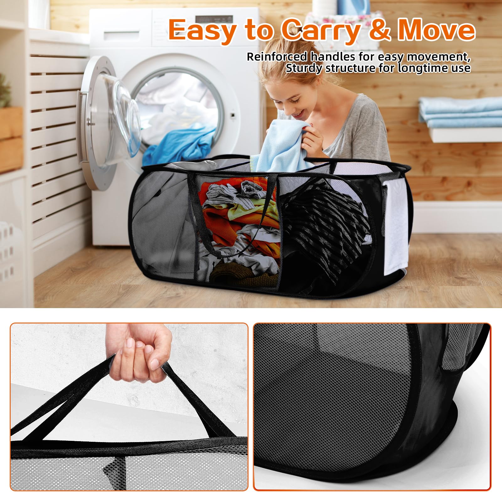 Foldable Laundry Baskets, Collapsible Mesh Laundry Hamper, Durable Pop Up Laundry Basket, 3 Compartments Clothes Hampers For Lau