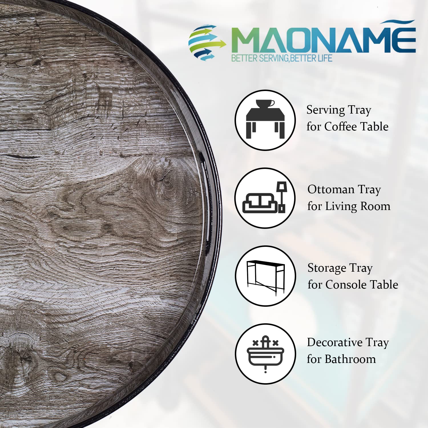 MAONAME 13'' Round Decorative Tray  Plastic Tray with Handles  Coffee Table Tray  Serving Tray for Ottoman  Bathroom  Kitchen (Sticker Wood Grain)