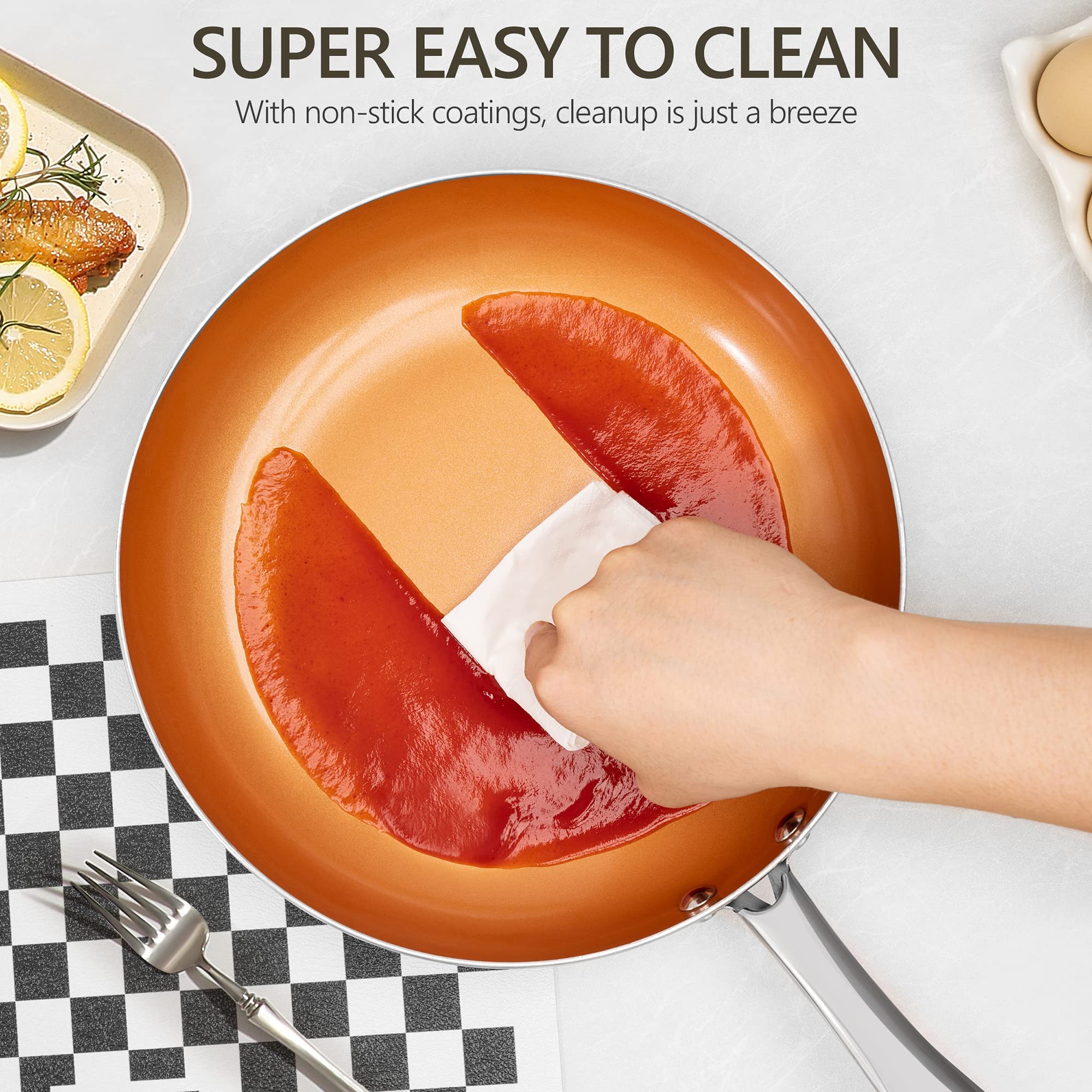 Michelangelo 10 Inch Copper Nonstick Frying Pan With Lid, Scratch Resistant Ceramic Coating, Oven And Dishwasher Safe