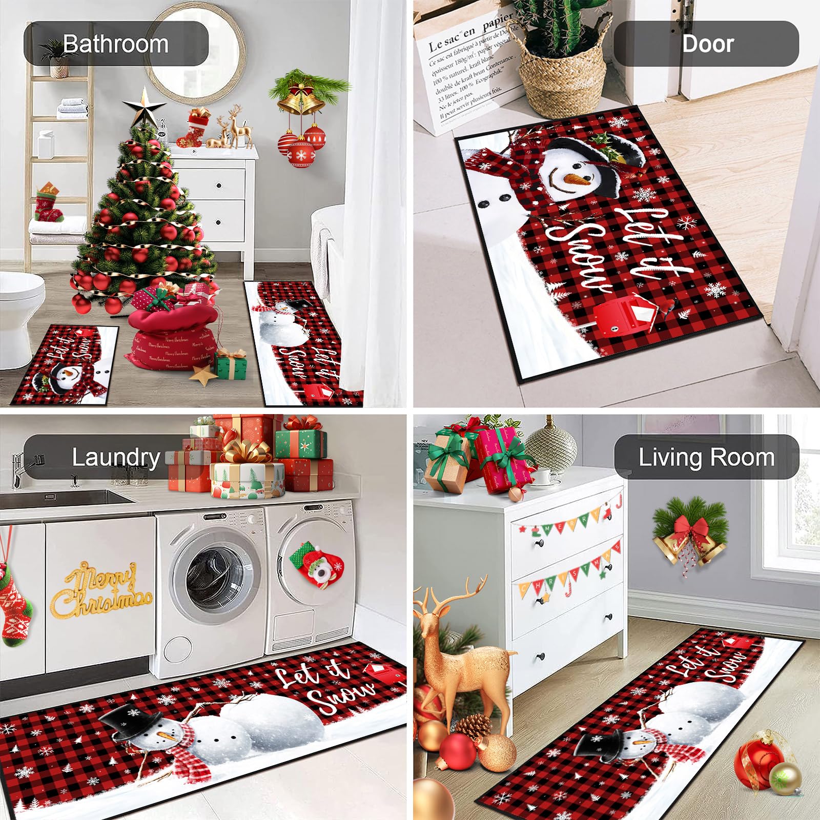 JWXCBIM Let It Snow Christmas Snowman Kitchen Rugs and Mats Set of 2, Buffalo Plaid Winter Snowflake Xmas Holiday Home Kitchen D