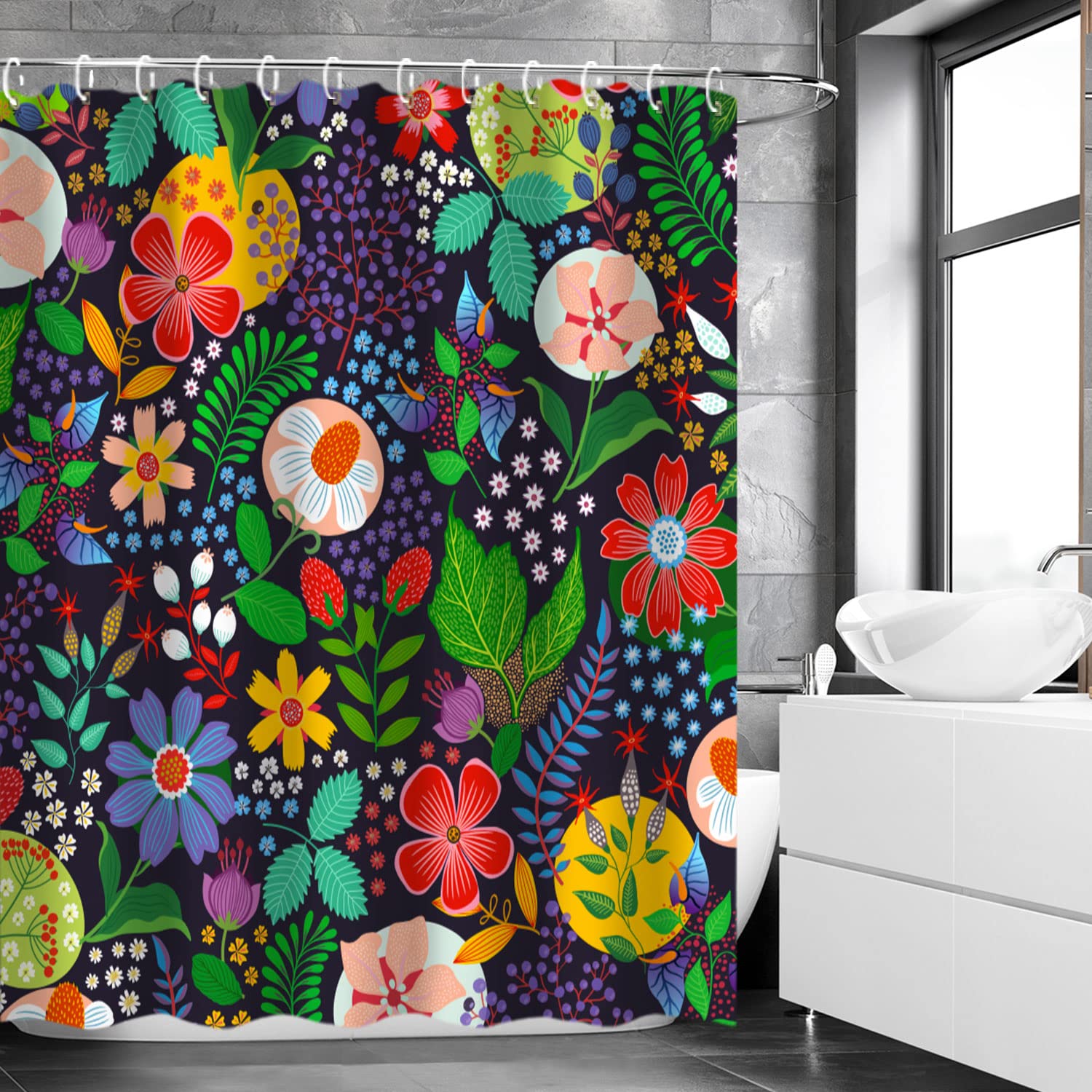 Livilan Floral Shower Curtain Flower Shower Curtain Colorful Shower Curtain Boho Black Floral Dark Shower Curtain Unique Bohemia