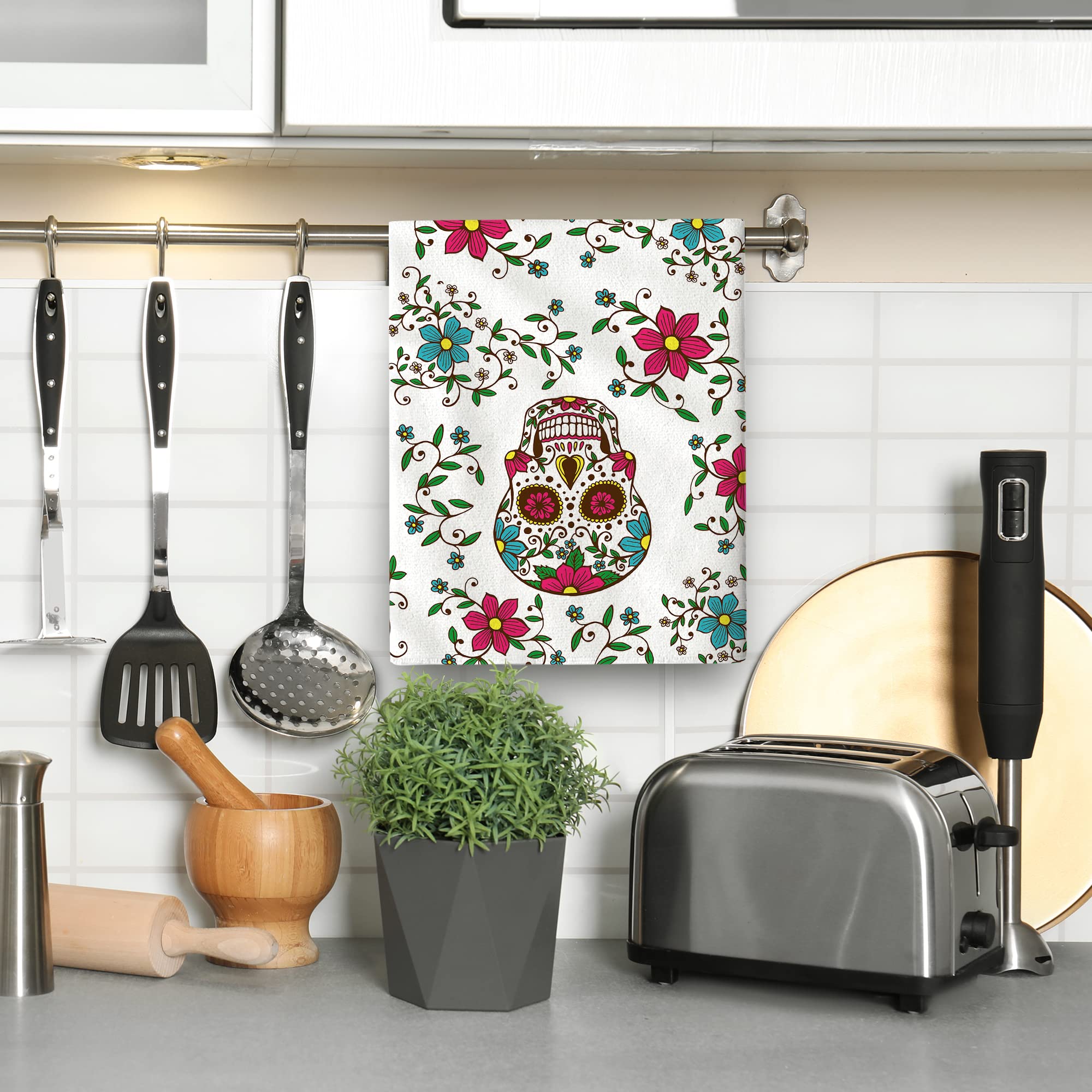 Mexican Skull Cute Floral Kitchen Dish Towels Set Of 2, 16''X 24'' Cotton Absorbent Drying Cloth, Day Of The Dead Kitchen Towels