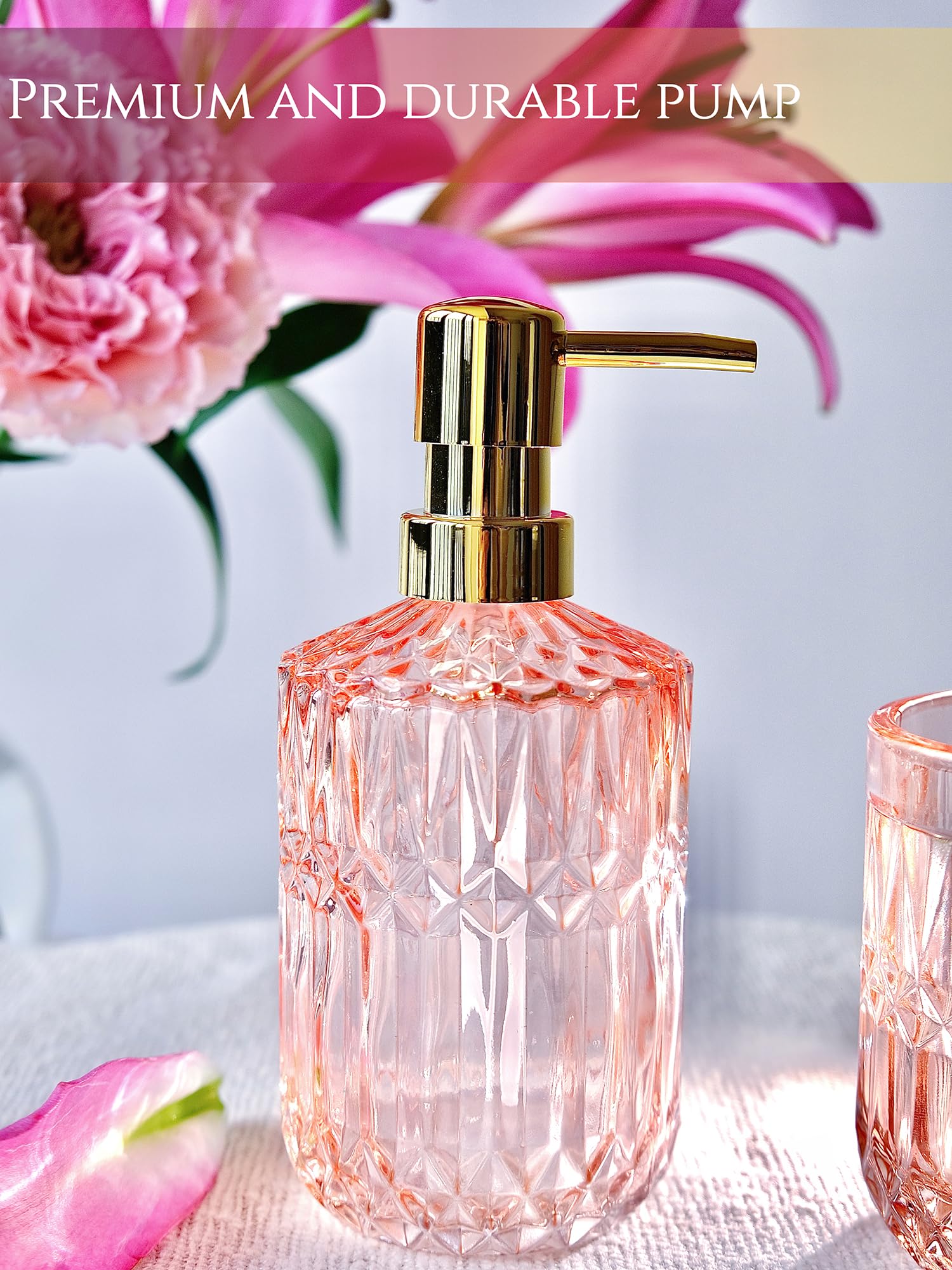 Lamarriti Pink Bathroom Accessories, 5Pcs Glass Bathroom Accessories Set, Soap Dispenser Set, Soap Dish, Tumbler, Cotton Swab Ja