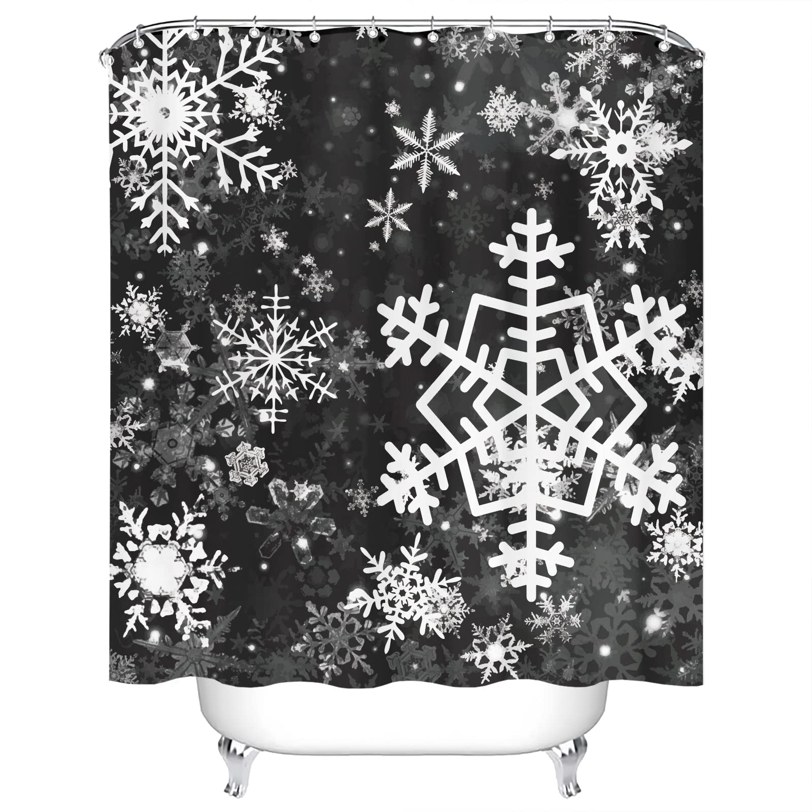 Tititex Merry Christmas Snowflake Shower Curtain Set, Happy Holiday Winter Black White Bathroom Decorative Winter Waterproof Fab
