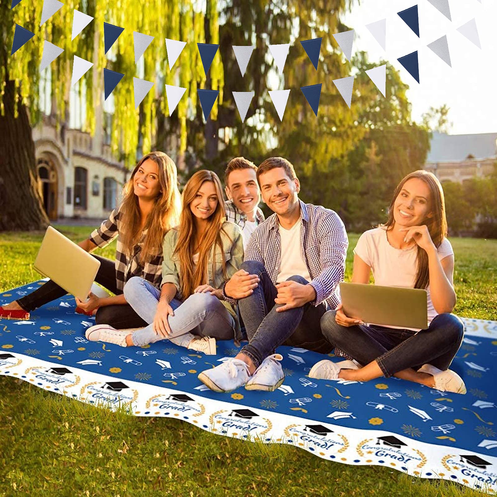 Navy-Blue White-Silver Party Decorations Banner - 2 Pack Men Birthday Graduation 2024 Glitter Sprinkles Paper Pennant Triangle F