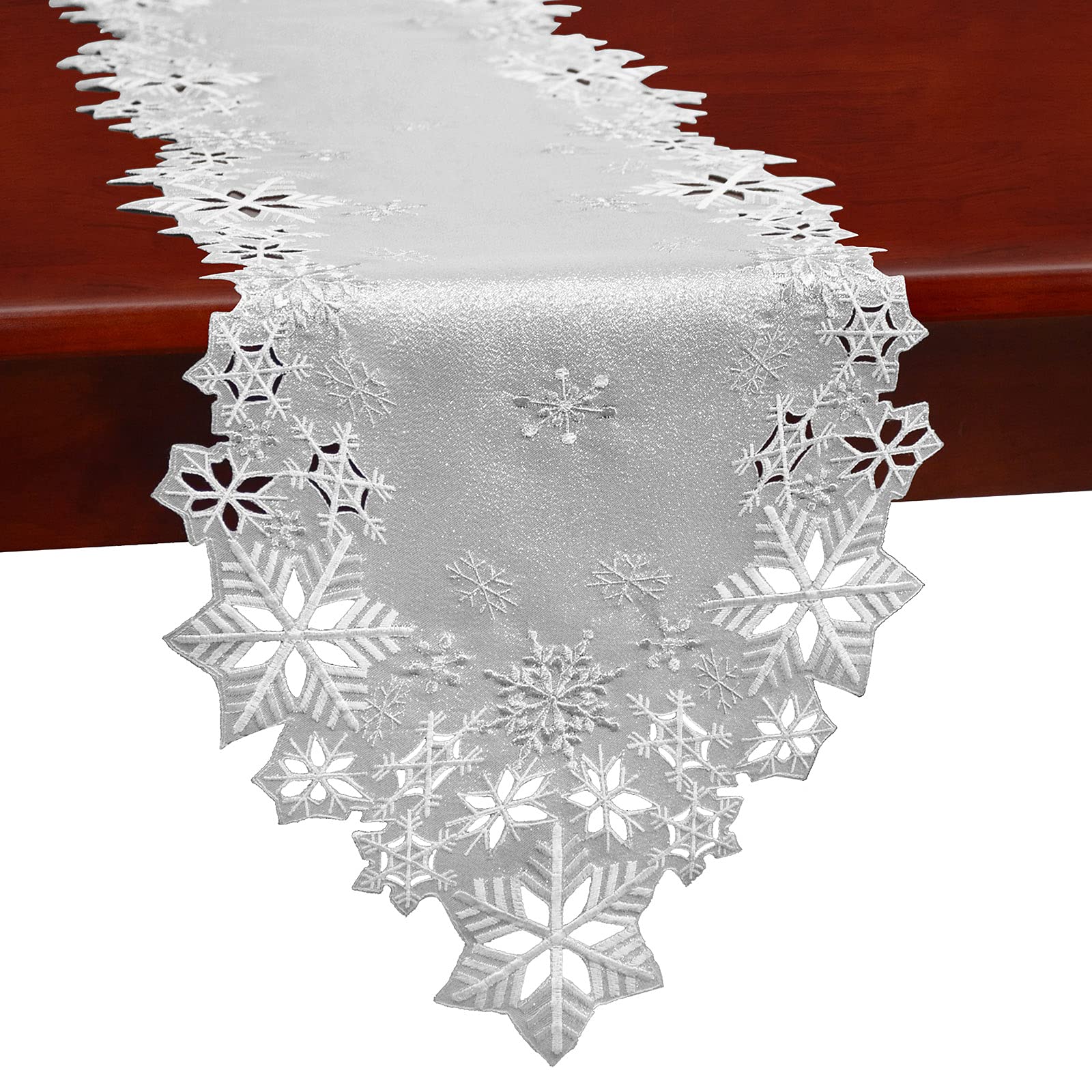 Simhomsen Embroidered Silver Snowflakes Table Runners for Christmas Holiday and Winter (Silver, 14  120 inches)