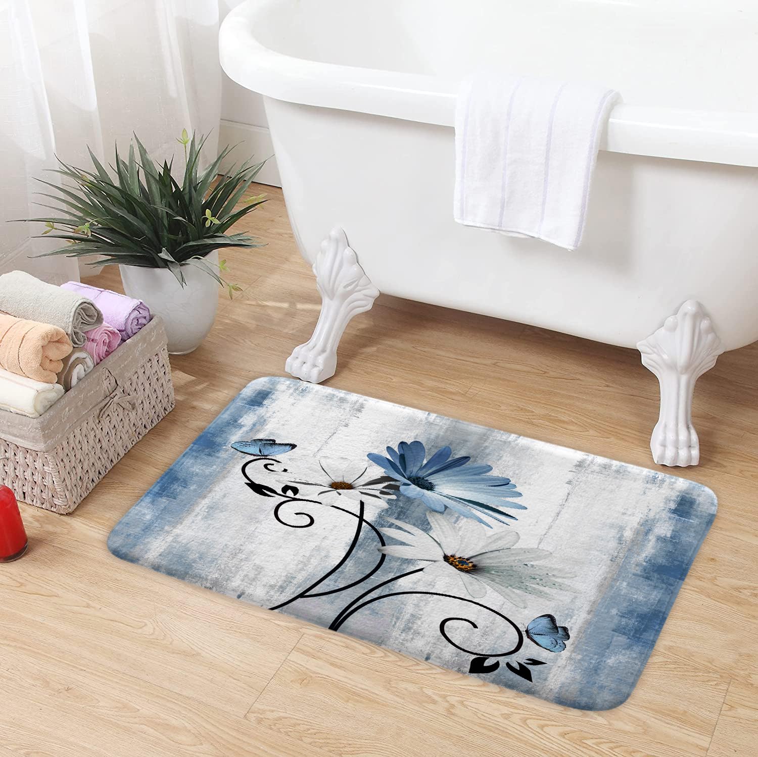 Veivian Rustic Farmhouse Bath Mat, Farm Blue Daisy Floral Flowers Butterfly Country Wooden Bath Rug For Bathroom, Grey White Bat
