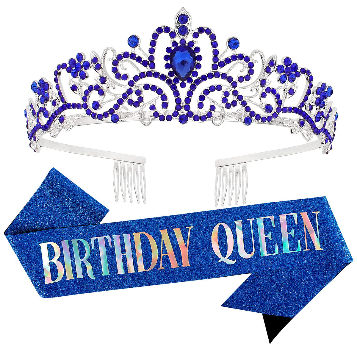 Velscrun Happy Birthday Queen Blue Silver Tiara Crowns For Women, Birthday Sash, Birthday Party Favors Supplies Birthday Gift Fo