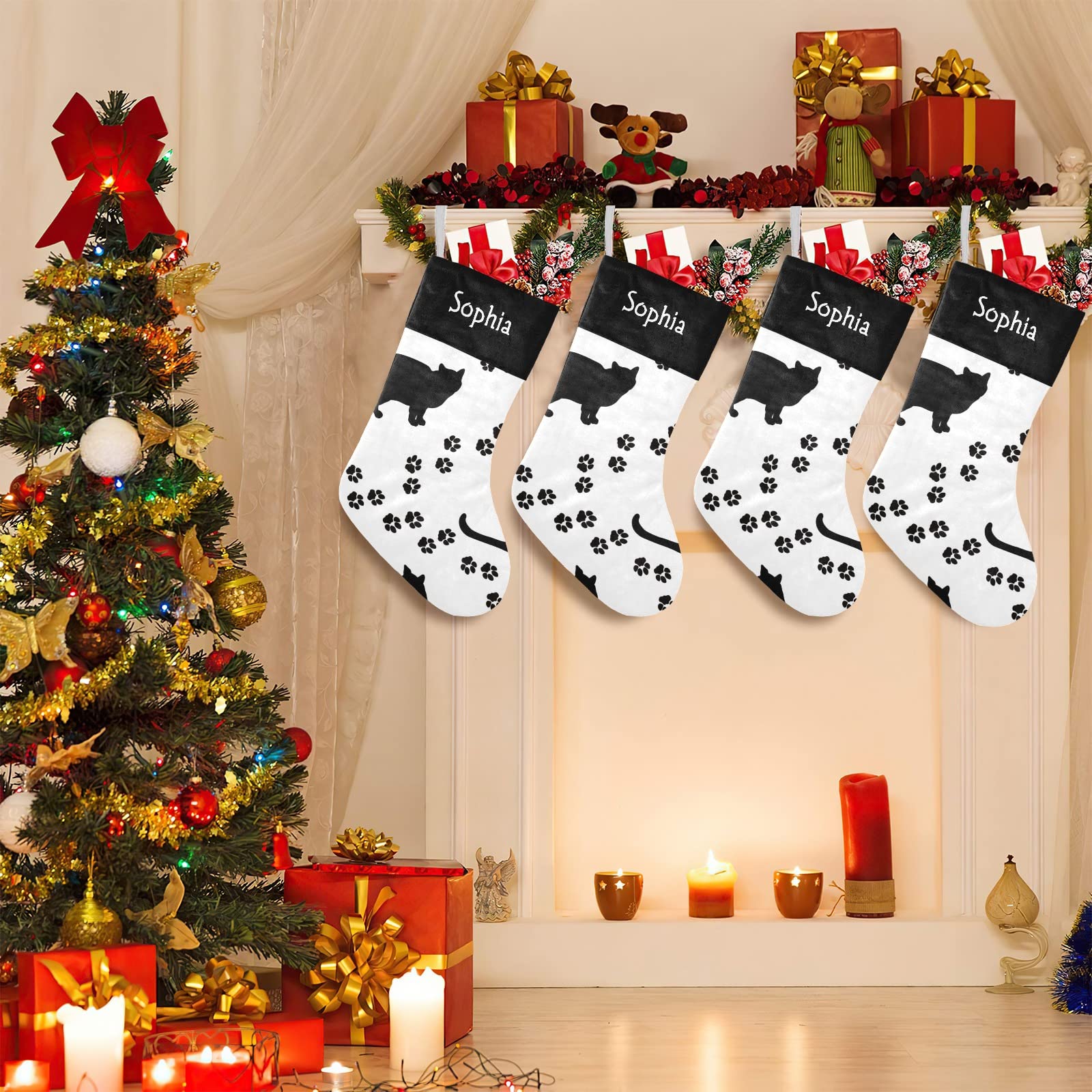 SunFancyCustom Black White Cat Paw Personalized Christmas Stockings with Name Custom Xmas Gift Fleece Holiday Decoration Gift 17