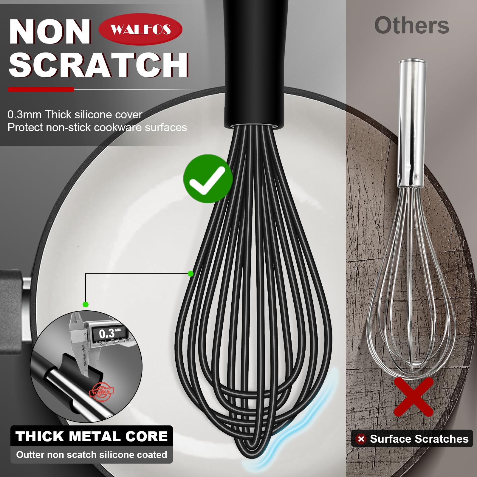 Walfos Silicone Whisk With 8In Rest,Whisks For Cooking Non Scratch,7.5+9+11In Whisk For Nonstick Cookware,Dishwasher Safe,Rest F
