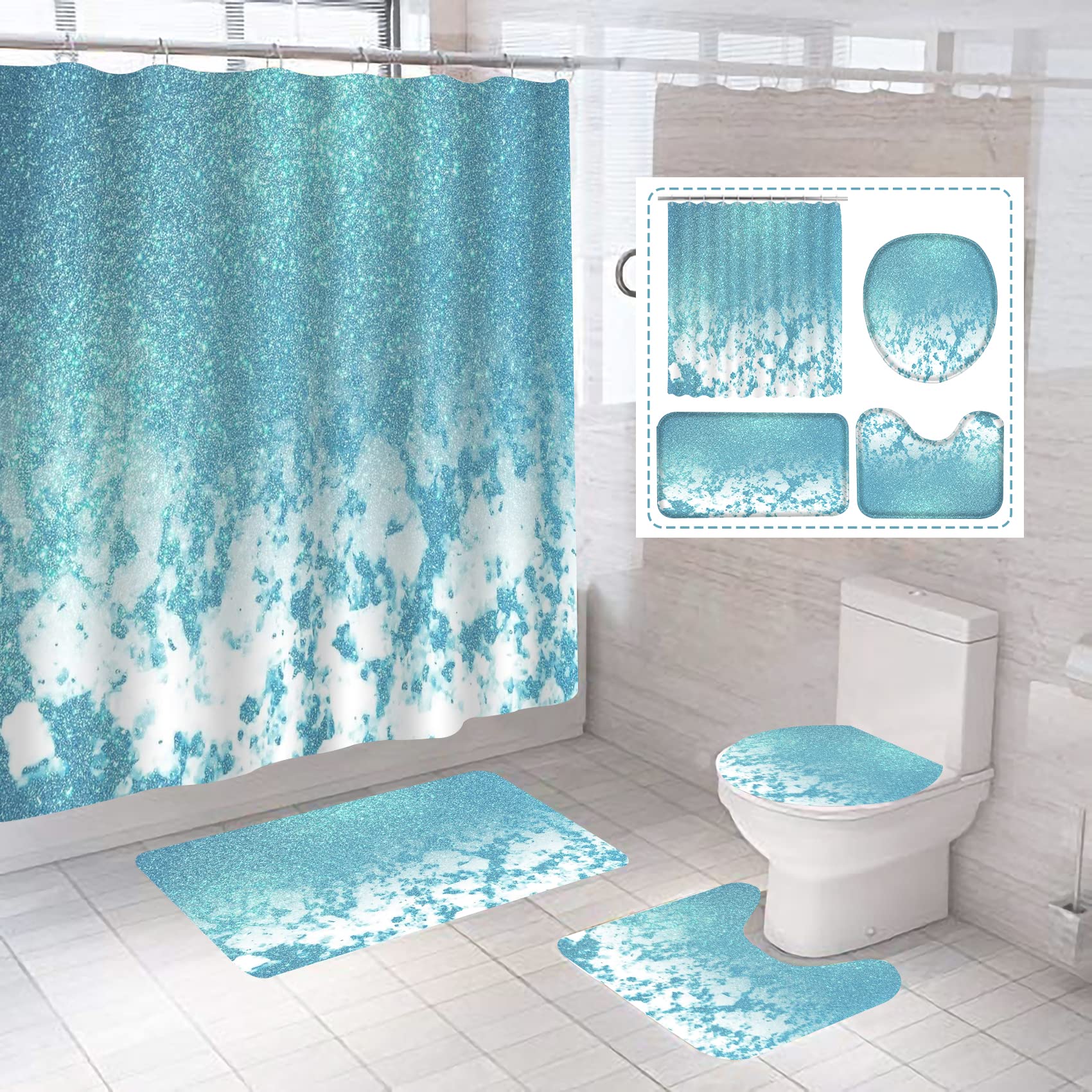 Beifivcl 4Pcs Blue Flash Shower Curtain Sets With Non-Slip Rugs, Toilet Lid Cover And Bath Mat, Glitter Marble Bathroom Decor Se