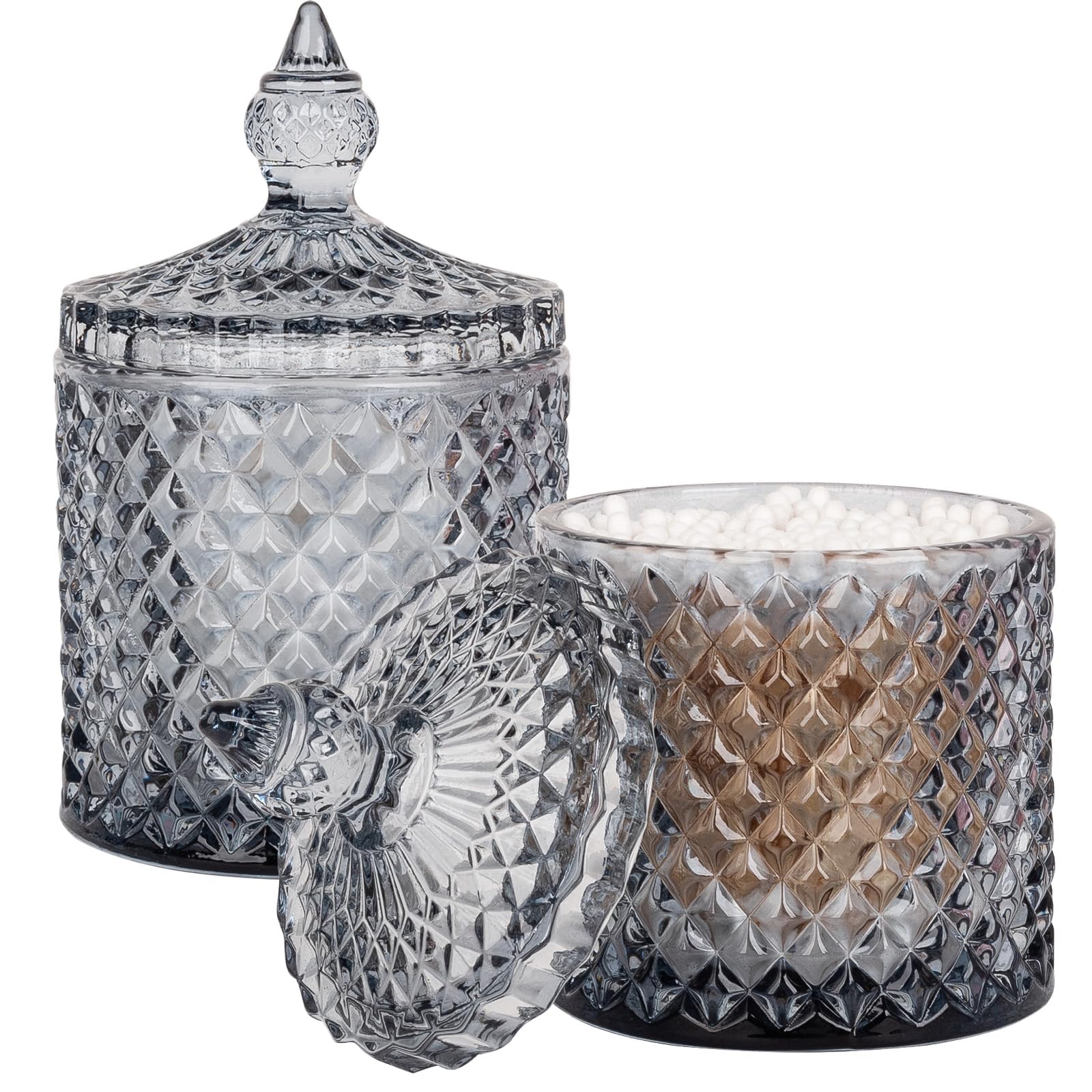 Rejomiik 2 Pack Qtip Holder Thick Glass Apothecary Jars With Lid For Bathroom Decor, Cotton Ball Storage Organizer For Cotton Sw
