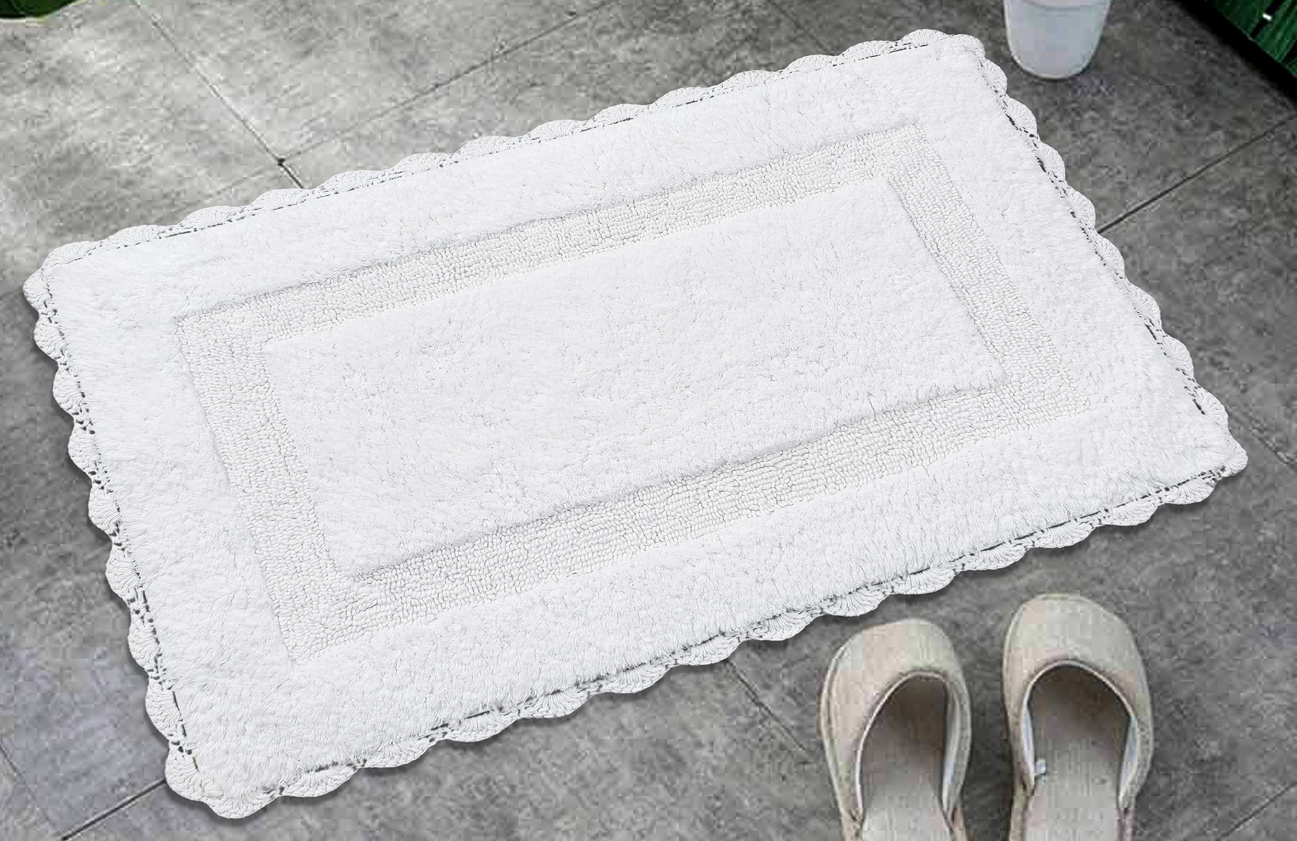 Bath Mat Rug 17''X24'' White, 100% Pure Cotton, Super Soft Bath Rugs, Plush & Absorbent, Hand Tufted Heavy Weight Construction,