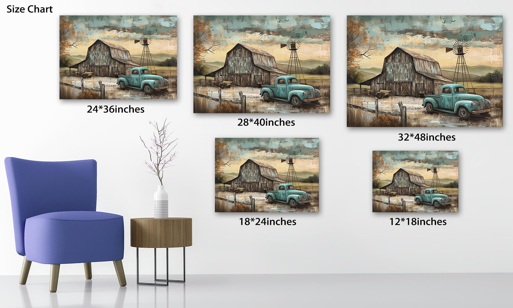 Farmhouse Truck Wall Art, Farmhouse Canvas Wall Art, Farm Picture Wall Art, Country Antique Pickup Truck Canvas Prints, Green Te