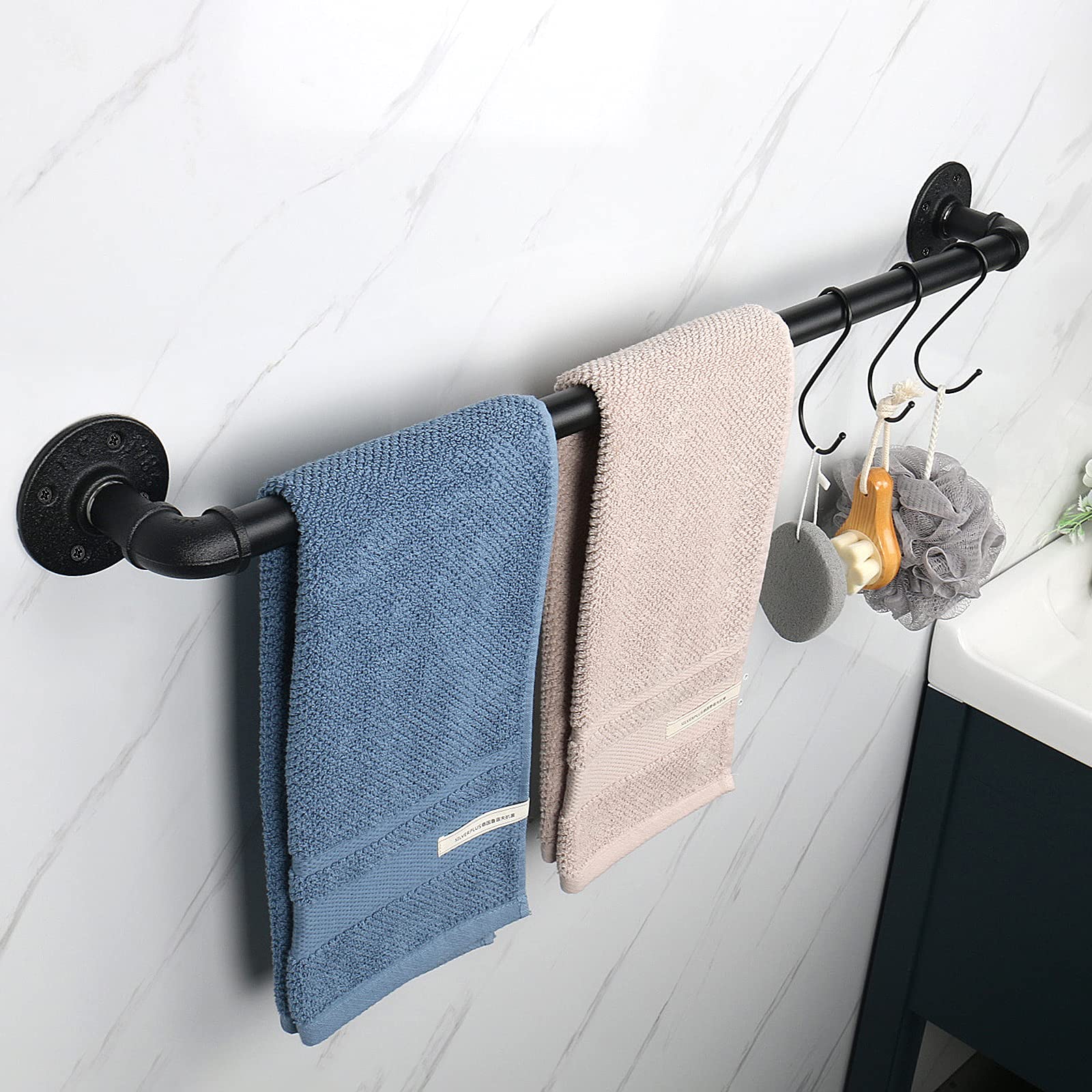 Jeasor Industrial Pipe Towel Rack Towel Bar, Heavy Duty Wall Mounted Rustic Farmhouse Bath Towel Holder For Bathroom (Black, 28