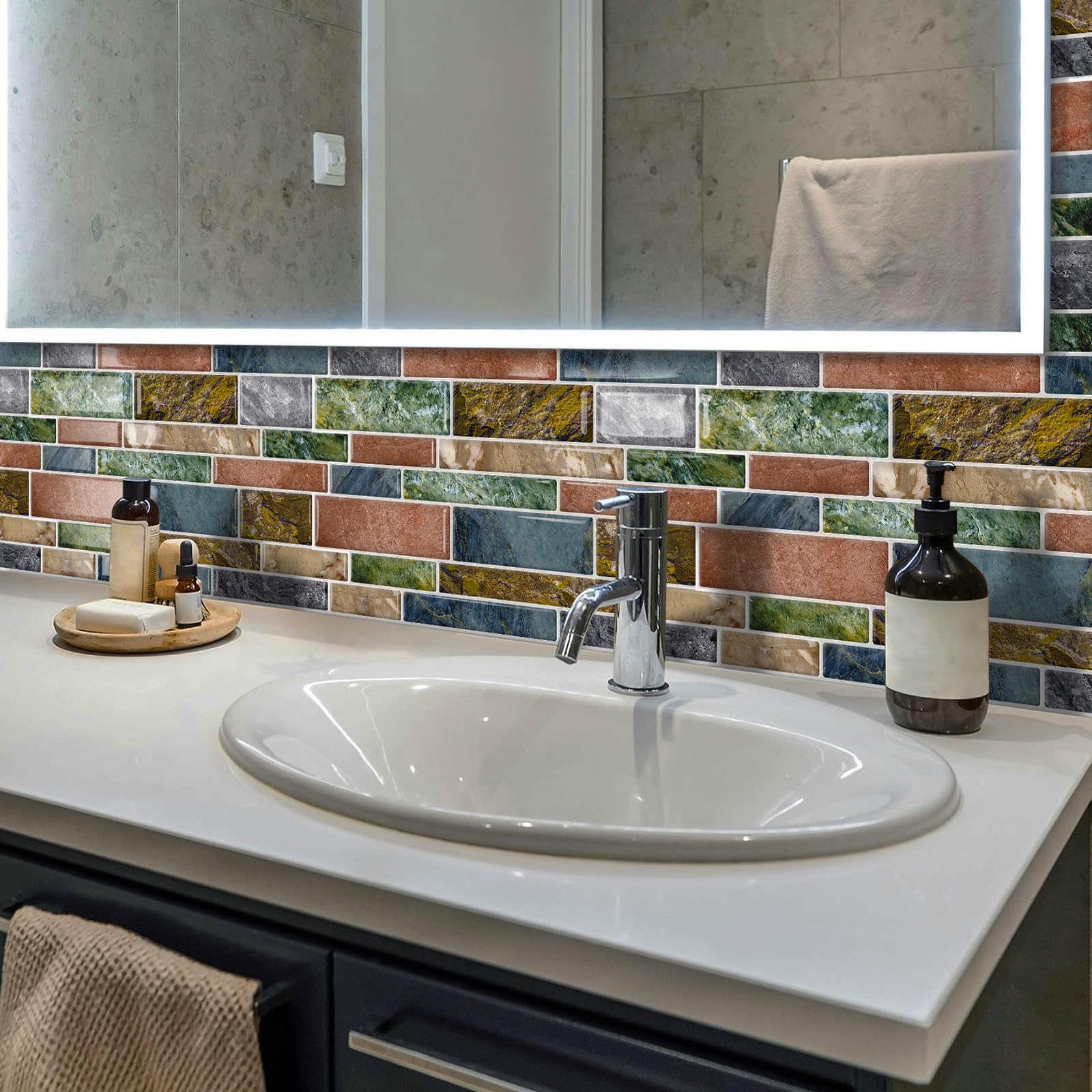 DEWOO Peel and Stick on Self Adhesive Backsplash Wall Marble Tiles Stickers 3D for Kitchen Bathroom,Colorful (10-Sheet, 12  12)