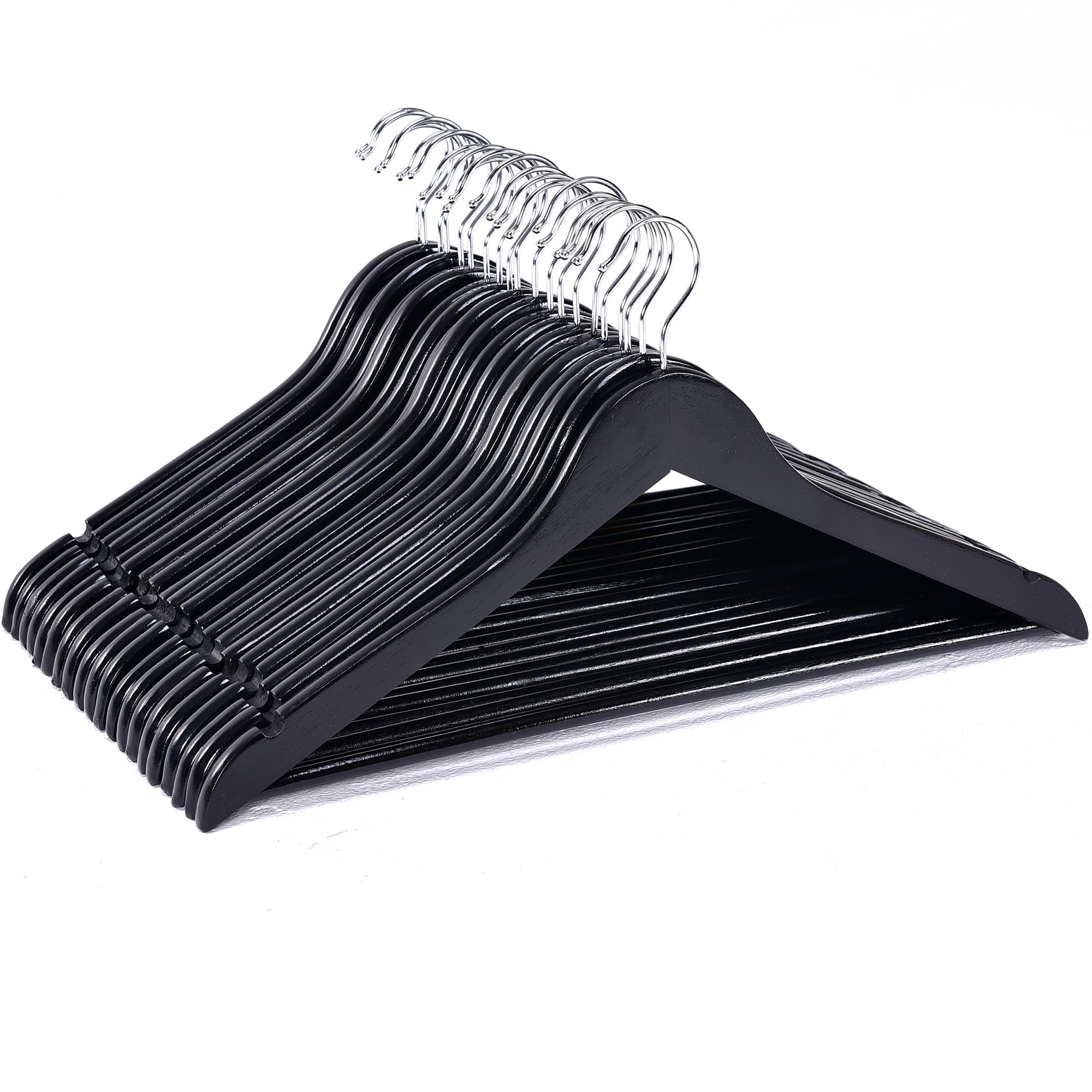 JS HANGER Wooden Coat Hangers  20 Pack High Grade Wood Suit Hangers with Non Slip Pant Bar - Extra Smooth and Splinter Free Black Finish