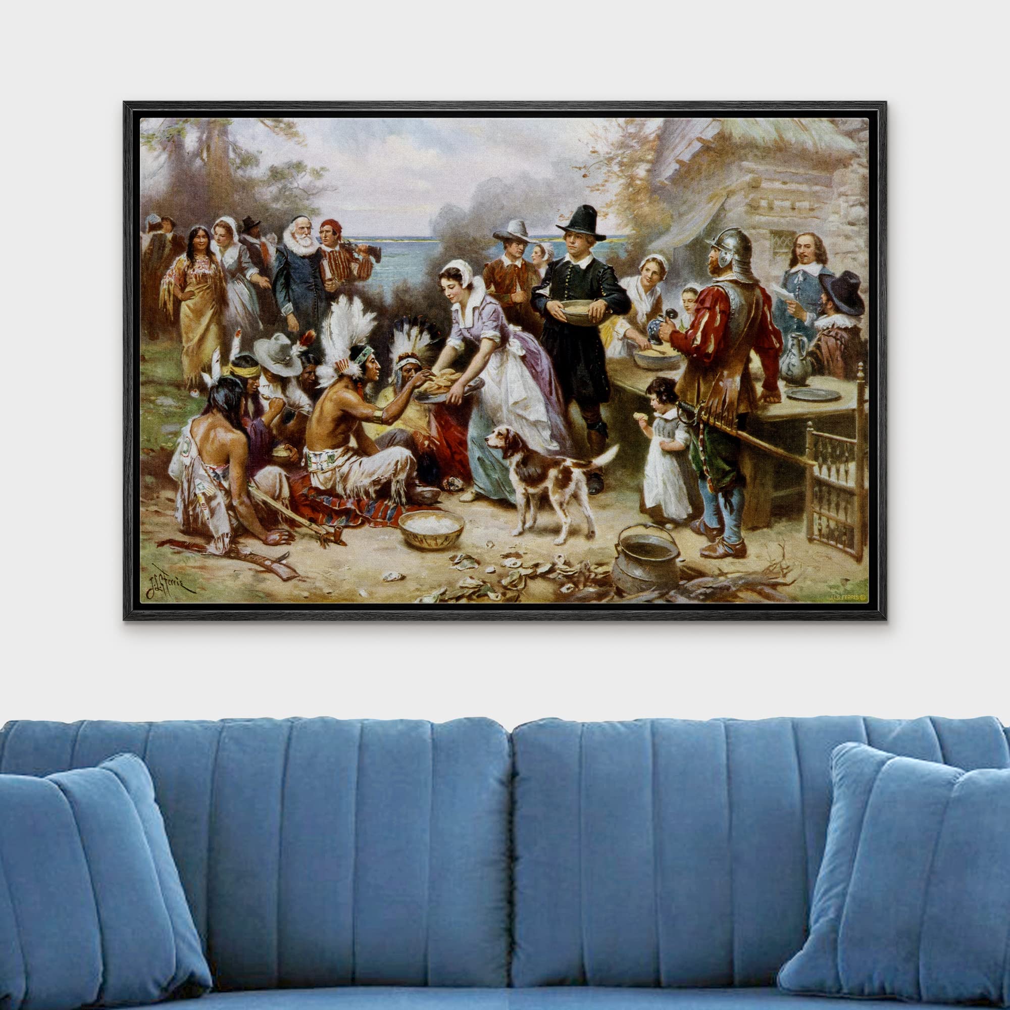 wall26 Framed Canvas Print - The First Thanksgiving by Jean Leon Gerome Ferris - 16"x24" Black