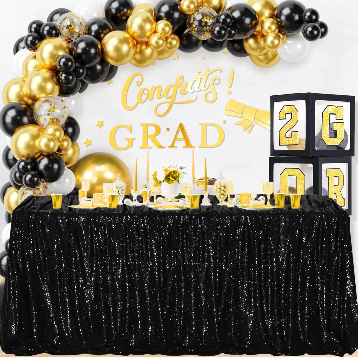 Fyledaee Black Rectangle Sequin Tablecloths For Parties,90 X 132 Inch Glitter Shiny Large Table Cover Fitted 8Ft Table For Weddi