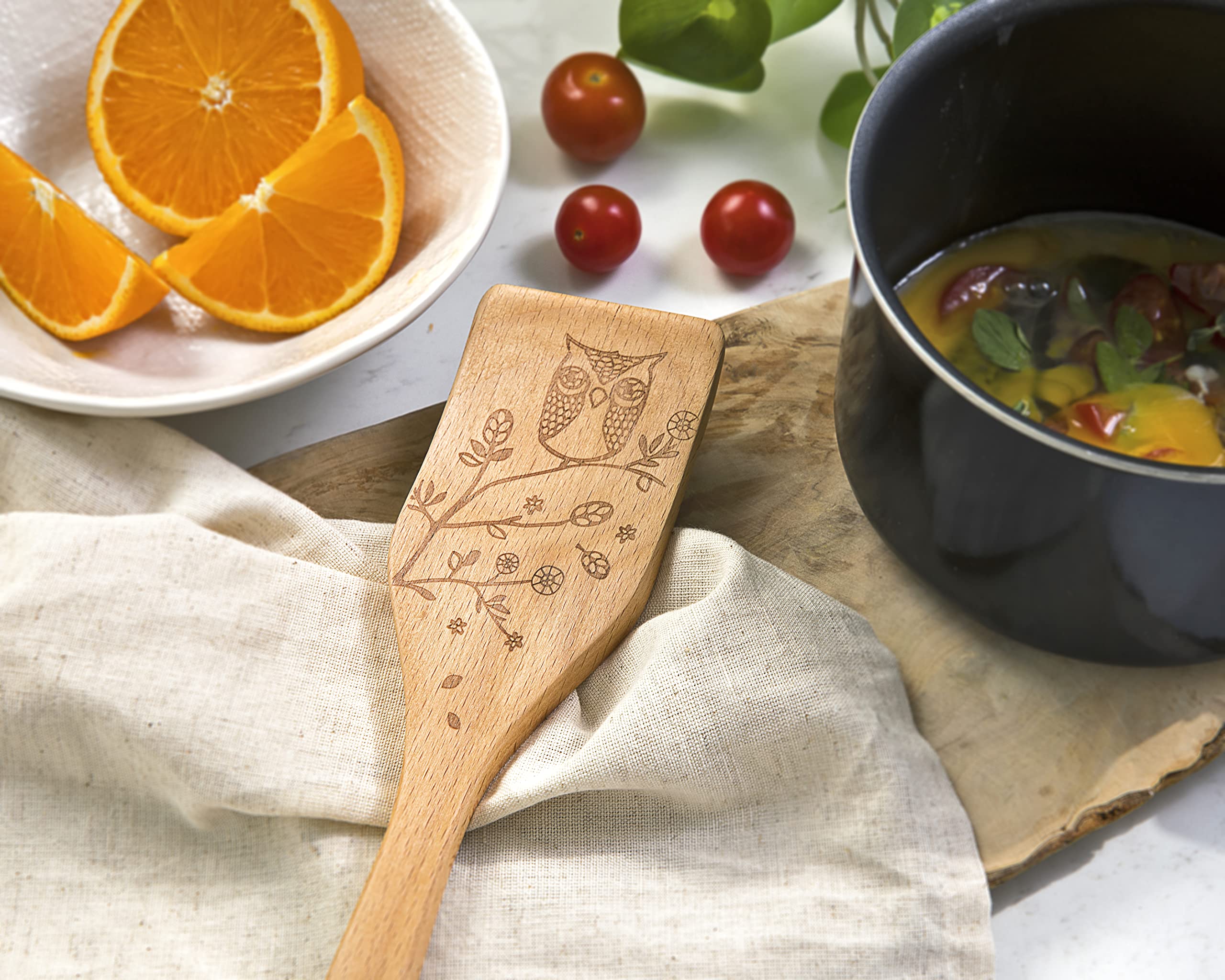 Talisman Designs Laser Etched Beechwood Turner Woodland Owl Design Pan Cooking Turner Cute & Functional Kitchen Tool Decorative