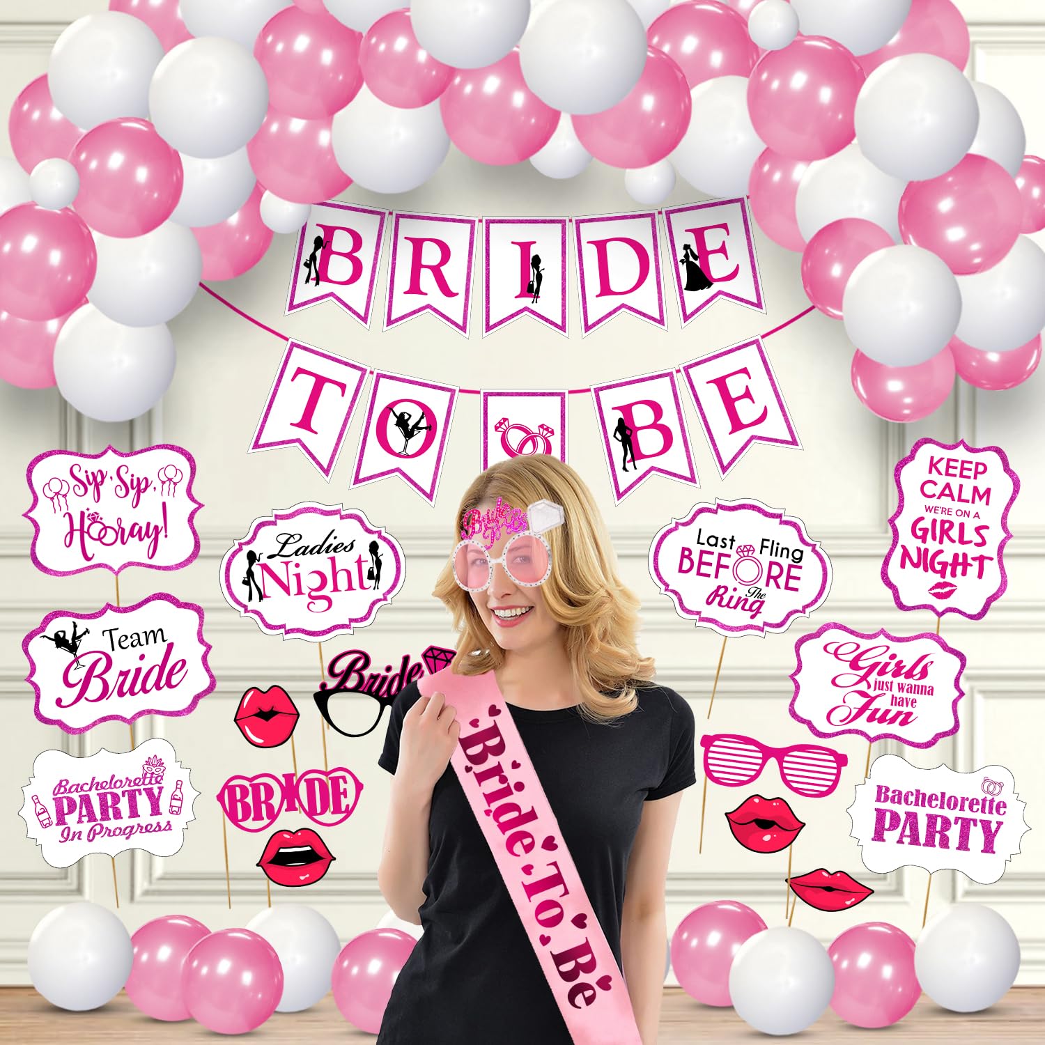 Zyozique Bridal Shower Decor & Bachelorette Decorations Kit  Bride to Be Sash, Banner, Photo Booth, Eye Glass and Balloons (Pac