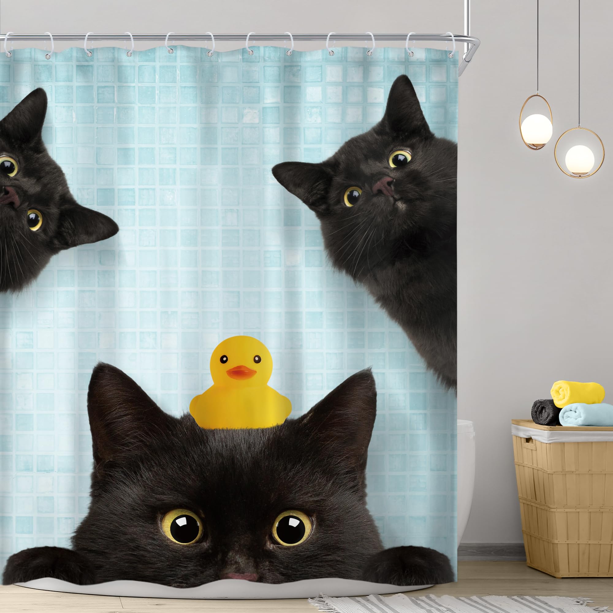 Riyidecor Funny Black Cat Shower Curtain 60Wx72H Inch Kids Cute Animal Lovely Kitten Yellow Rubber Duck Pet Lovers Modern Hilari