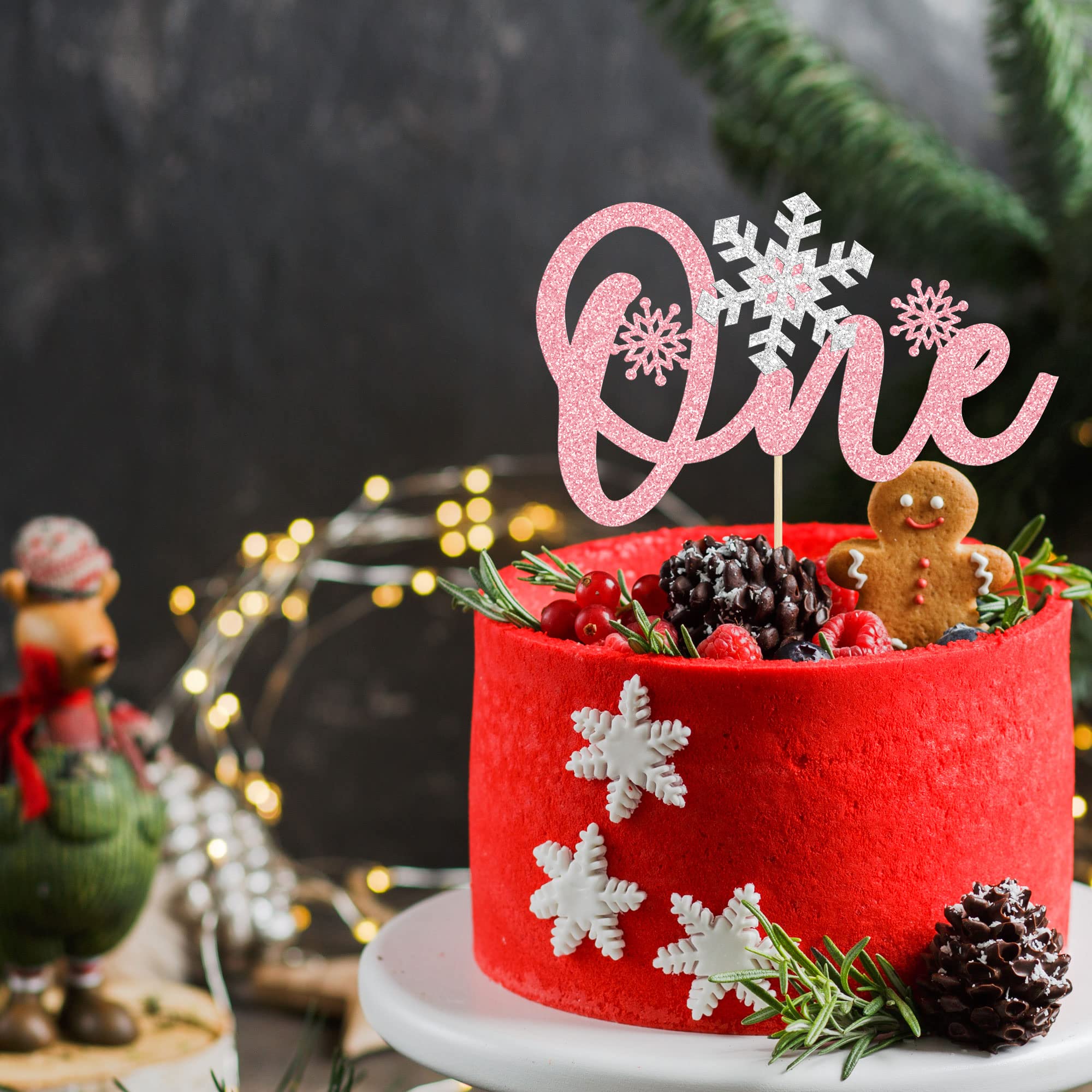 1 Pack Snowflake One Cake Topper Pink Glitter 1st Birthday Party Cake Pick Decorations for Winter Snowflake Theme Baby Shower Kids First Birthday Party Supplies