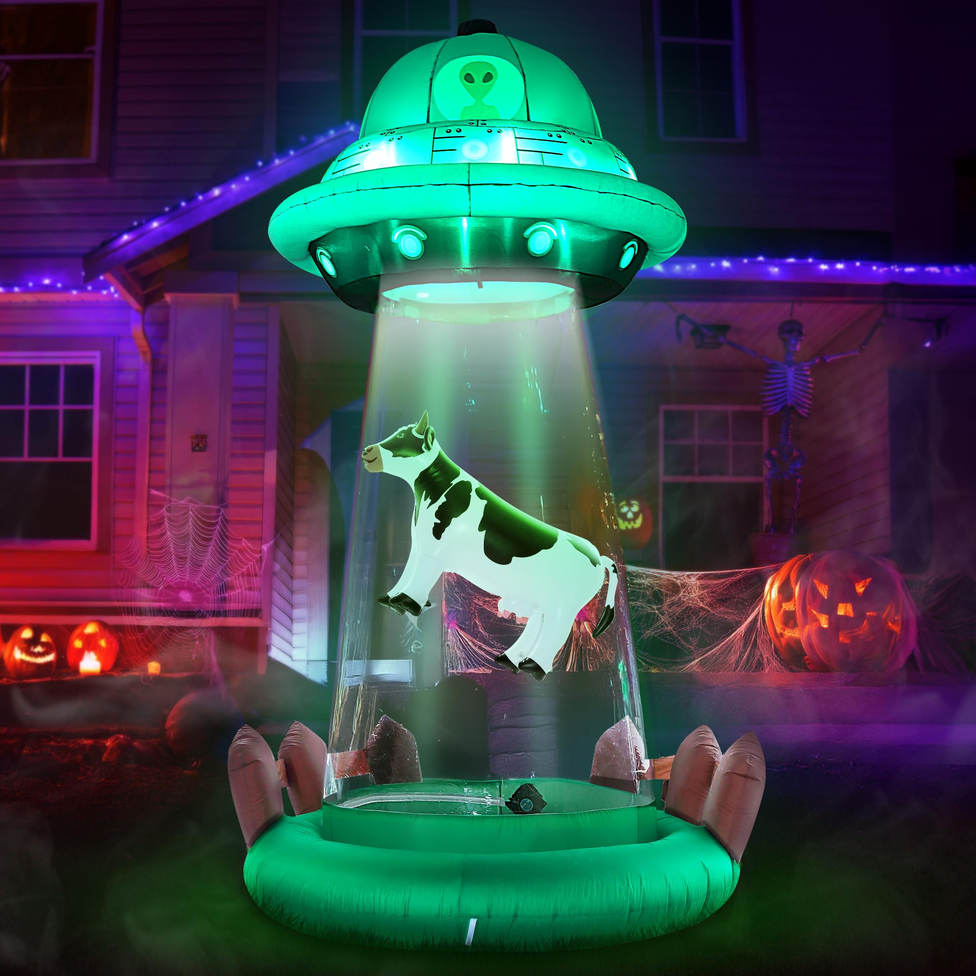 ZPISF 10 FT Halloween Inflatables UFO with Floating Cow Outdoor Decorations, Blow Up UFO Halloween Yard Decorations for Front La
