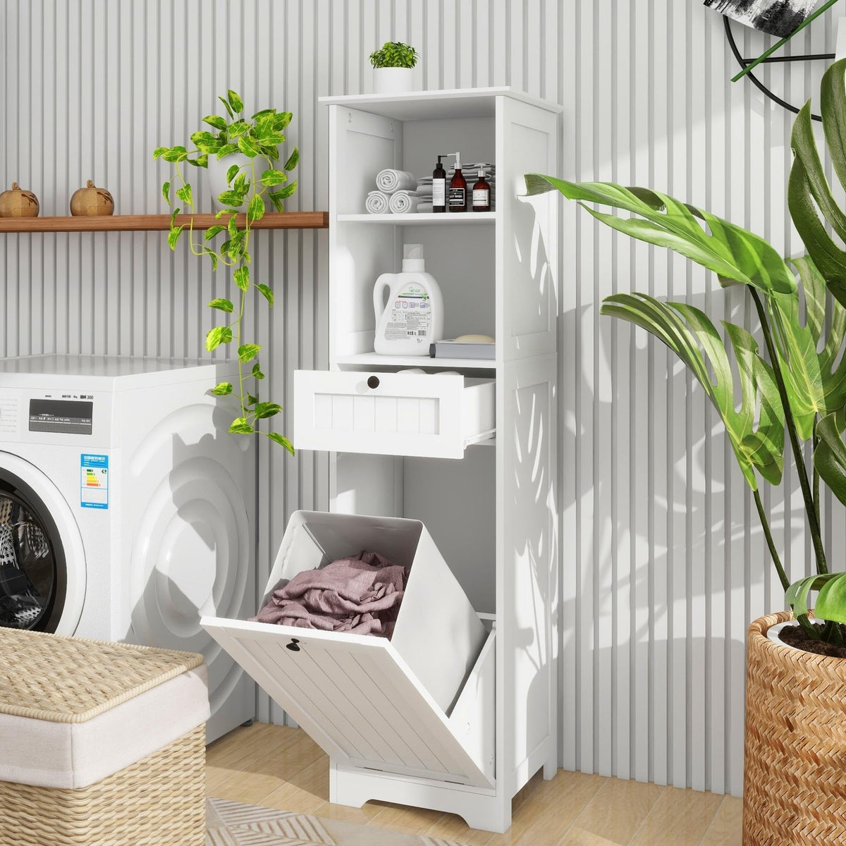 Oqsc Tall Tilt Out Laundry Room Cabinets And Storage With Hidden Removable Basket, Pull Out Laundry Cabinet Hamper With Door And
