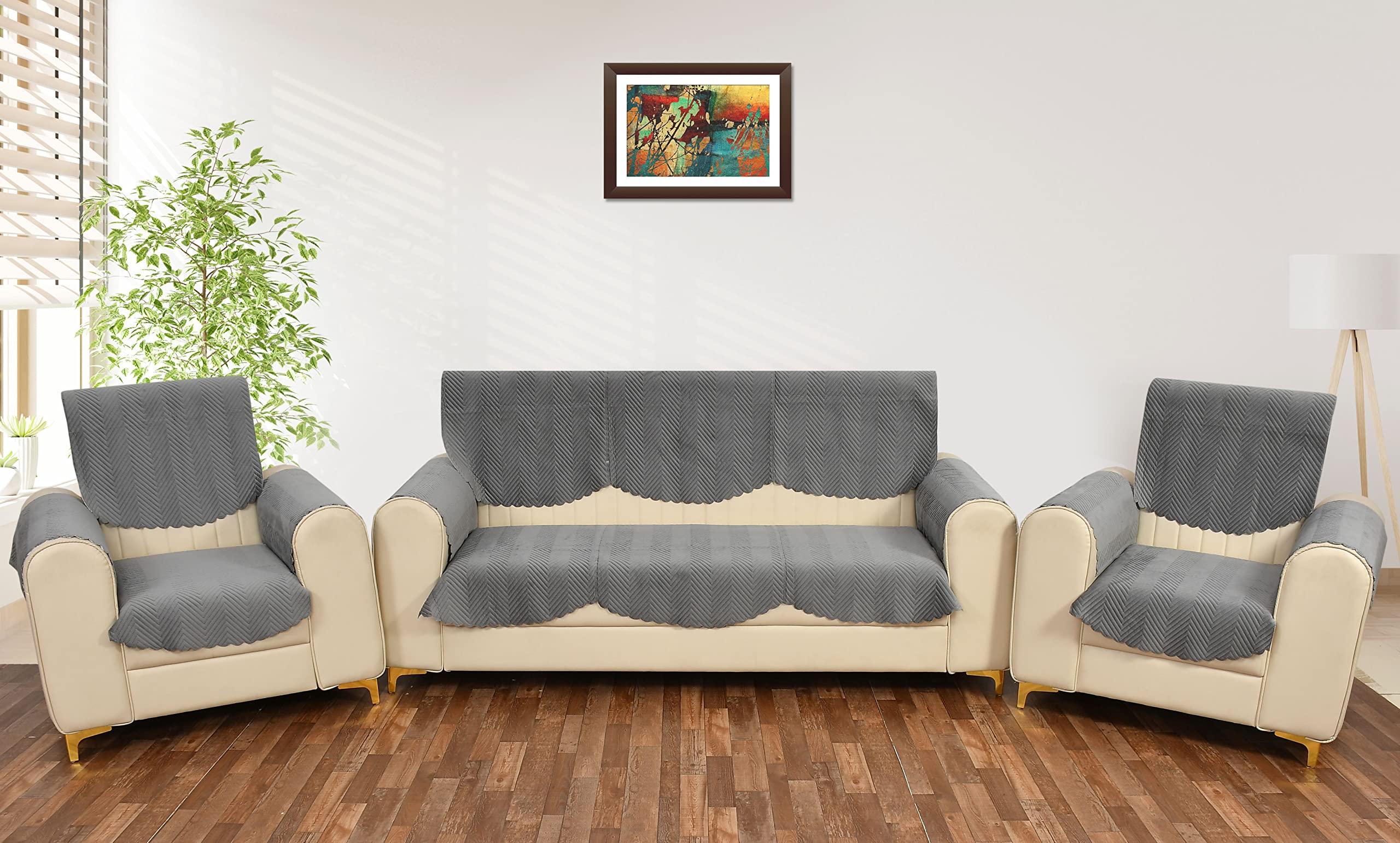 Yellow Weaves Velvet 5 Seater Quilted Sofa Cover And Chair Cover With Arm Cover, Seat & Back Cover, Color - Dark Grey