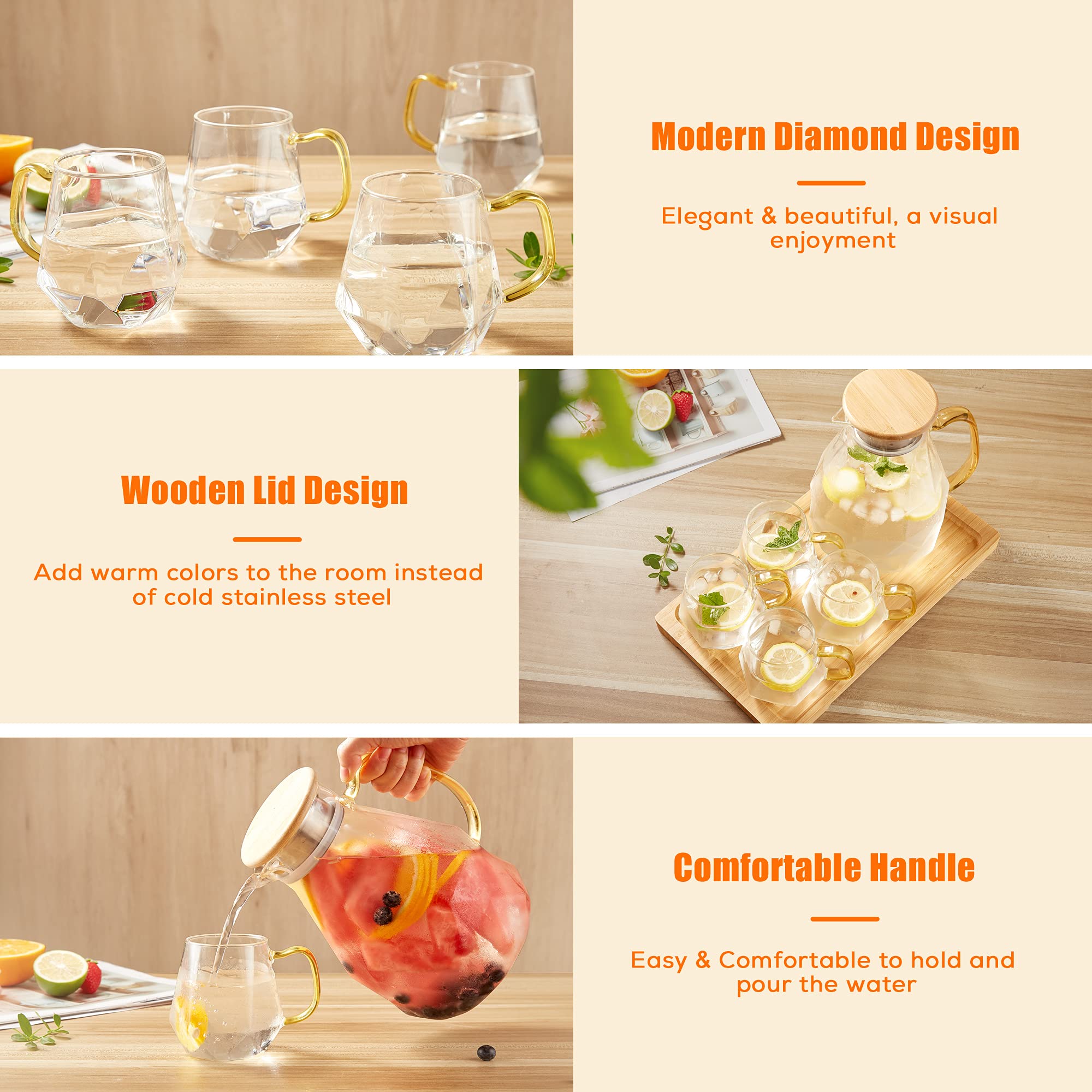 Dujust Glass Pitcher Set (68 Oz) With 4 Cups & 1 Tray, Elegant Diamond Design Water Pitcher With Handle, High Durability Glass J