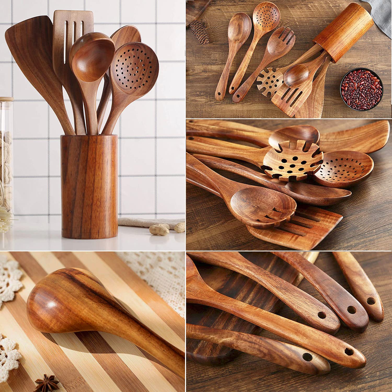 7 Piece Wooden Spoons For Cooking,Wooden Utensils For Cooking, Natural Teak Wooden Kitchen Utensils Set, Wooden Cooking Utensils