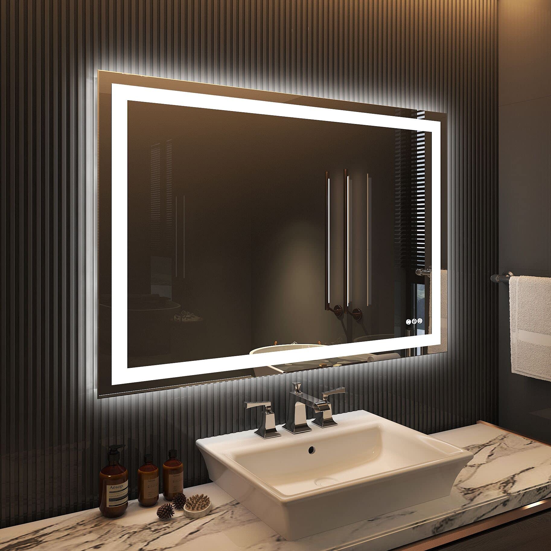 Amorho Led Bathroom Mirror 48''X 36'' With Front And Backlight, Stepless Dimmable Wall Mirrors With Anti-Fog, Shatter-Proof, Mem