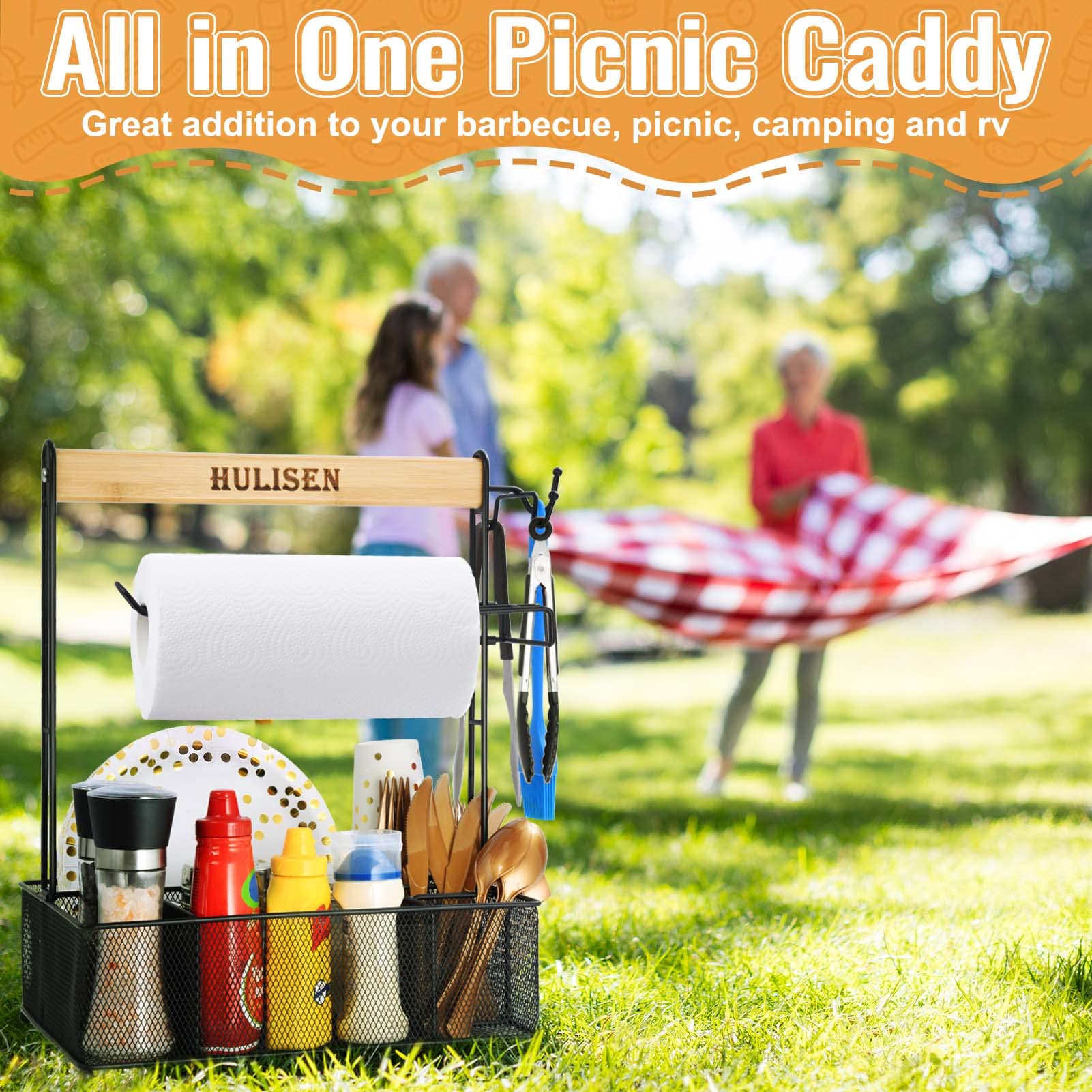 Hulisen Grill Caddy, Bbq Caddy With Paper Towel Holder, Utensil Caddy For Plates And Utensils, Picnic Condiments Caddy For Barbu