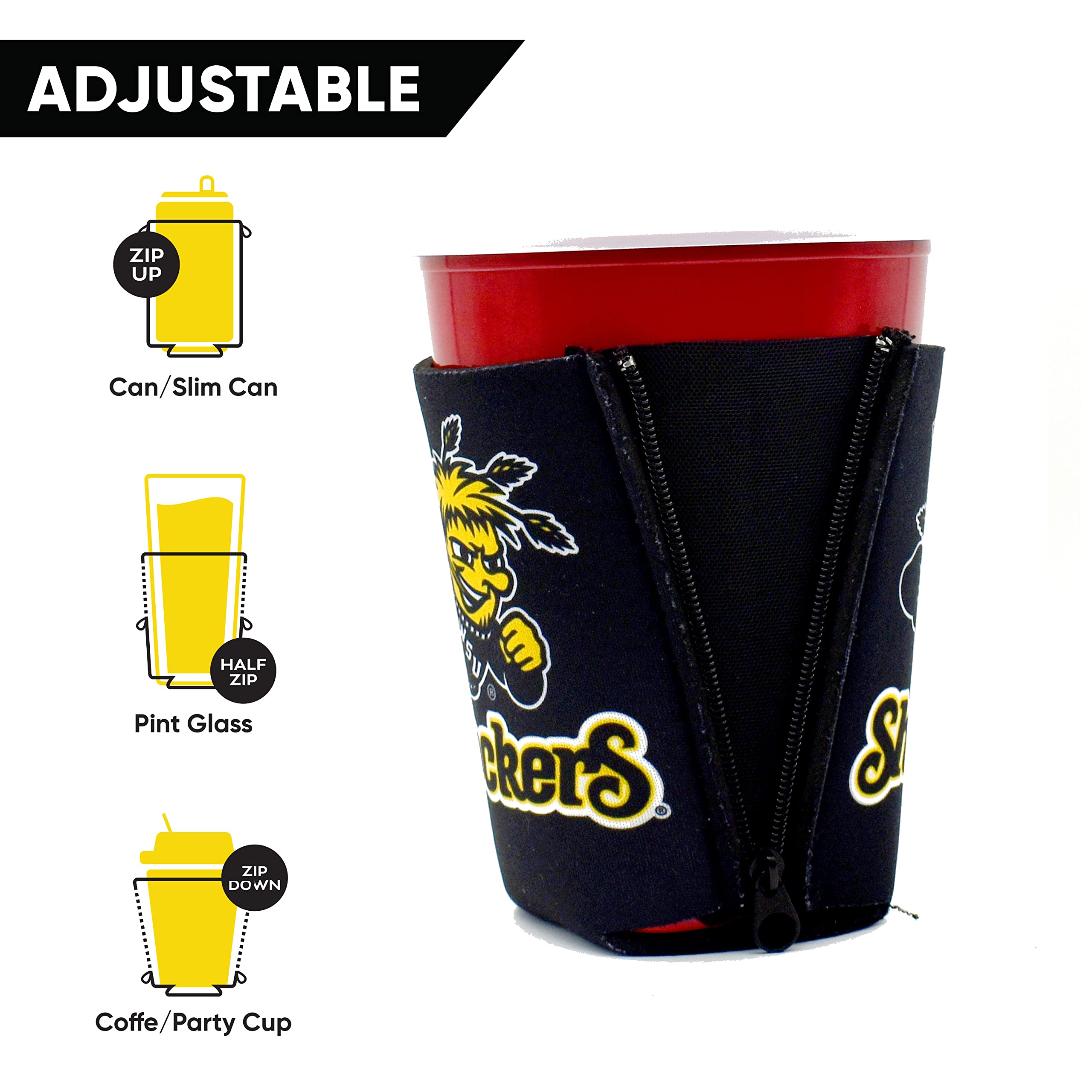 Zipsip Black Adjustable All-In-One Coozie With Zippers - Fits Cans, Bottles, Glasses - Insulated Neoprene Sleeve - Wichita State