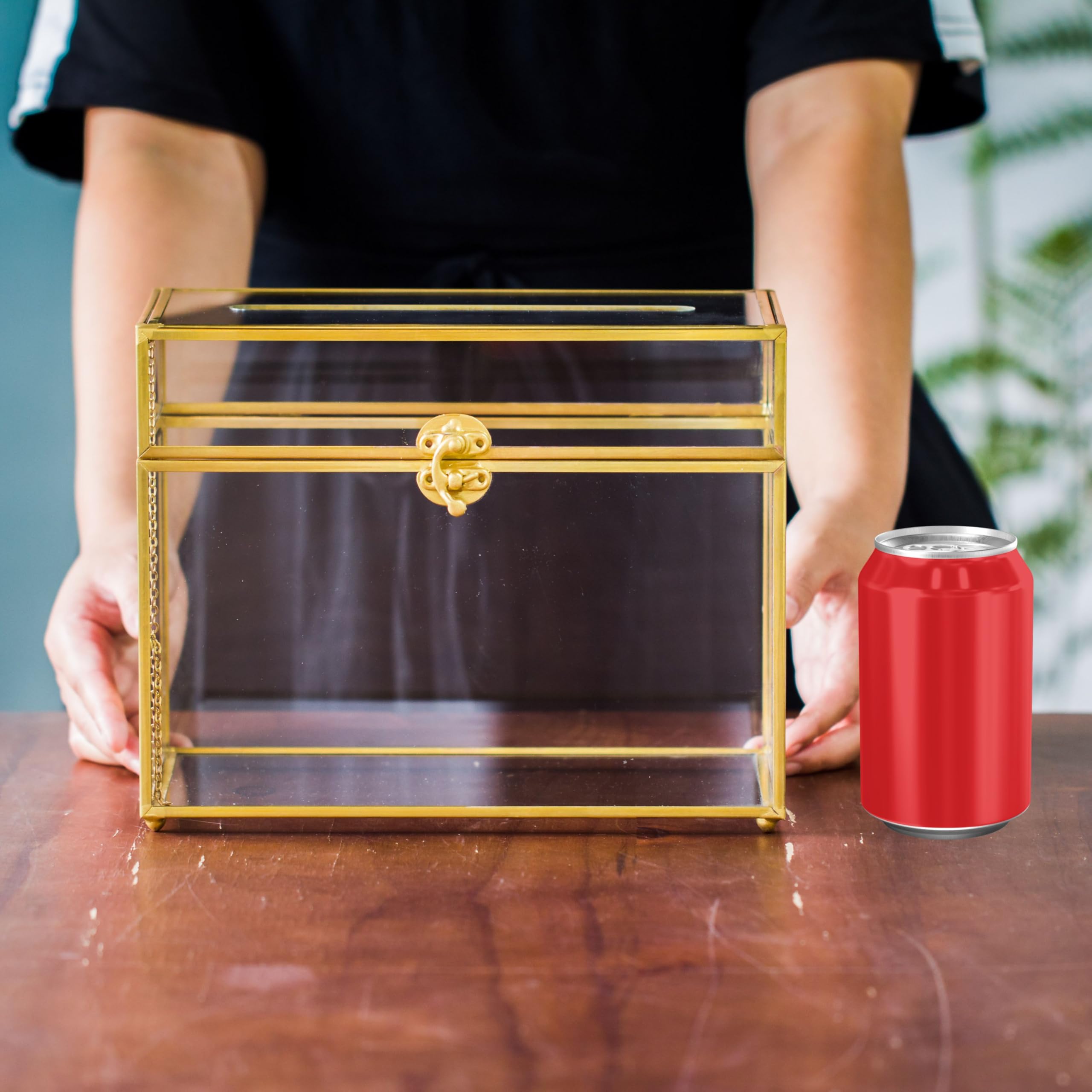 NCYP Small 9.8 x 5.6 x 7.7 Inch Wedding Glass Cards Box with Slot - Gold Envelope Card Holder for Birthday Party Reception, Home