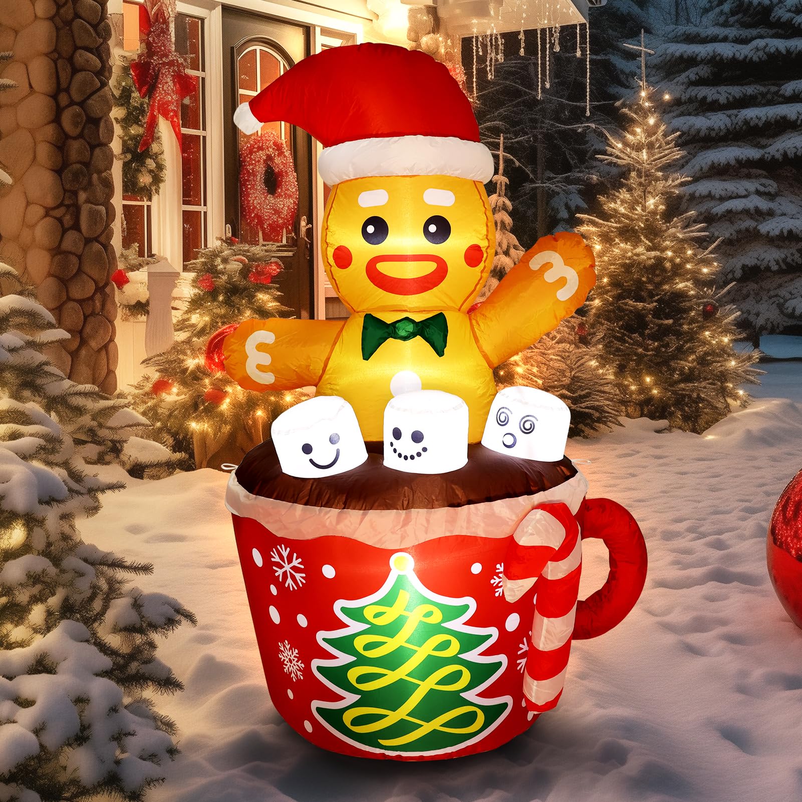 WBHome 5 Ft Christmas Inflatable Gingerbread Man in Cocoa Outdoor Decorations, Xmas Blow Up Yard Decor with Built-in LED Light f