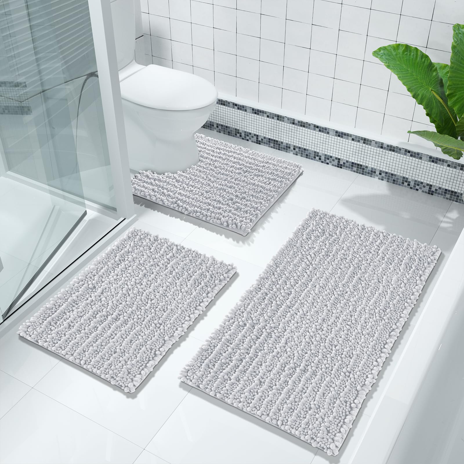 Yimobra Original Luxury Chenille Bath Mat  36.2 x 24 Inches  Soft Shaggy and Comfortable  Large Size  Super Absorbent and Thick  Non-Slip  Machine Washable  Perfect for Bathroom  Silver